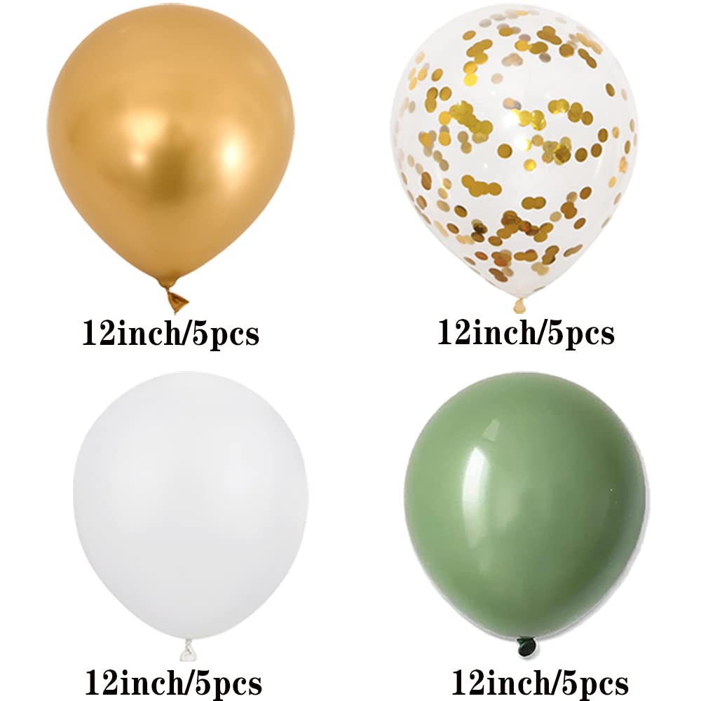 OTMVicor 20-Pack Metallic Gold, Sage Green & White 12-Inch Confetti Balloons | Party Decorations for Birthdays, Weddings & Baby Showers