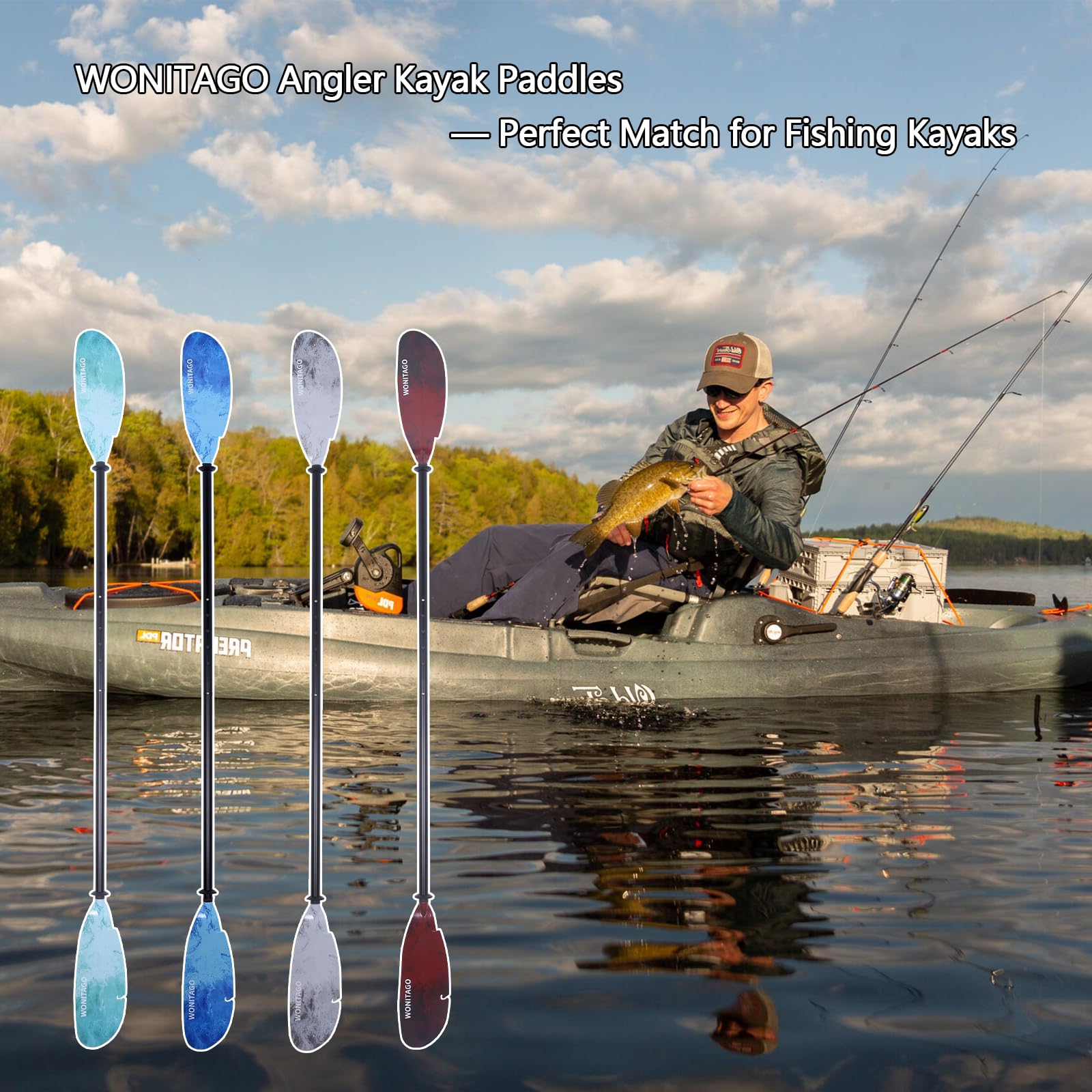 Premium Adjustable Aluminum Kayak Paddles with Floating Plastic Blades & Leash - 3-Piece Fishing Oars (230-250cm/90-98in) for Anglers - Ideal for Kayak Fishing, Recreational Paddling & Water Sports Adventures