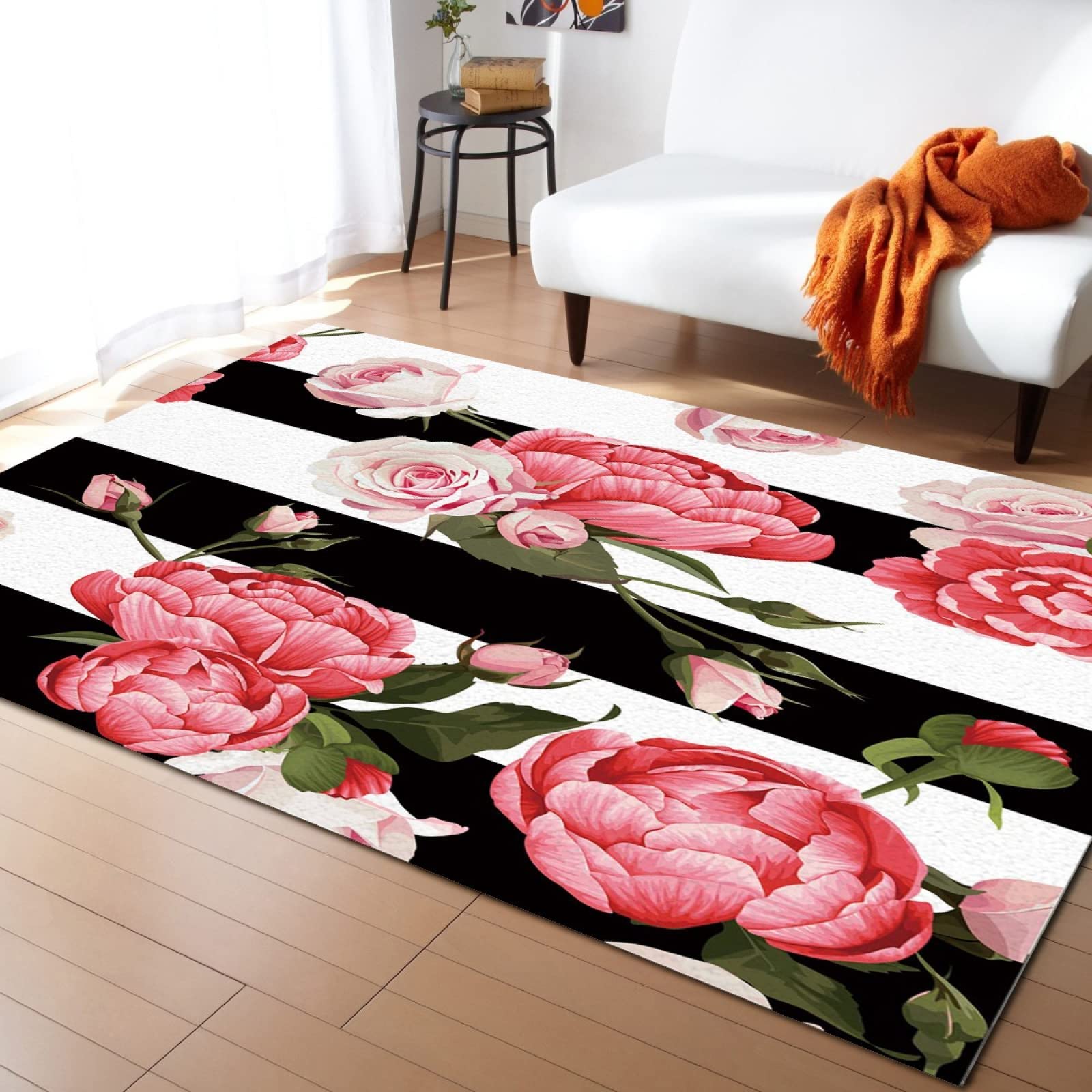 Black and White Striped Red Peony Area Rug - Soft Washable Floral Carpet for Living Room, Bedroom & Home Decor (5x7 ft) | Perfect for Sofa Accent, Floor Mats & Cozy Interior Design
