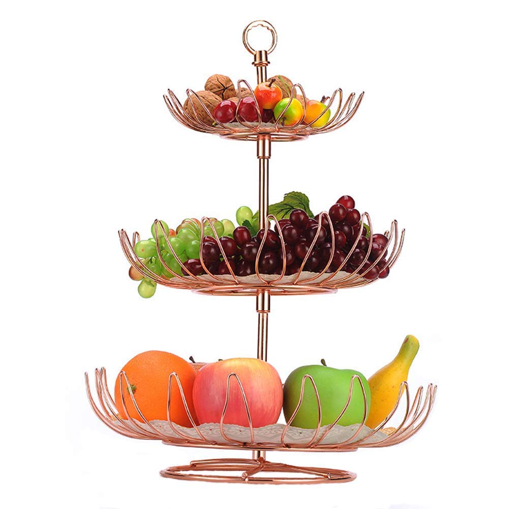3-Tier Large Capacity Metal Countertop Fruit Basket - Detachable Vegetable & Kitchen Storage Organizer - Rose Gold Decorative Tabletop Bowl Stand for Fruits, Vegetables & Display - Perfect for Kitchen Counter, Dining Table & Home Decor Centerpiece