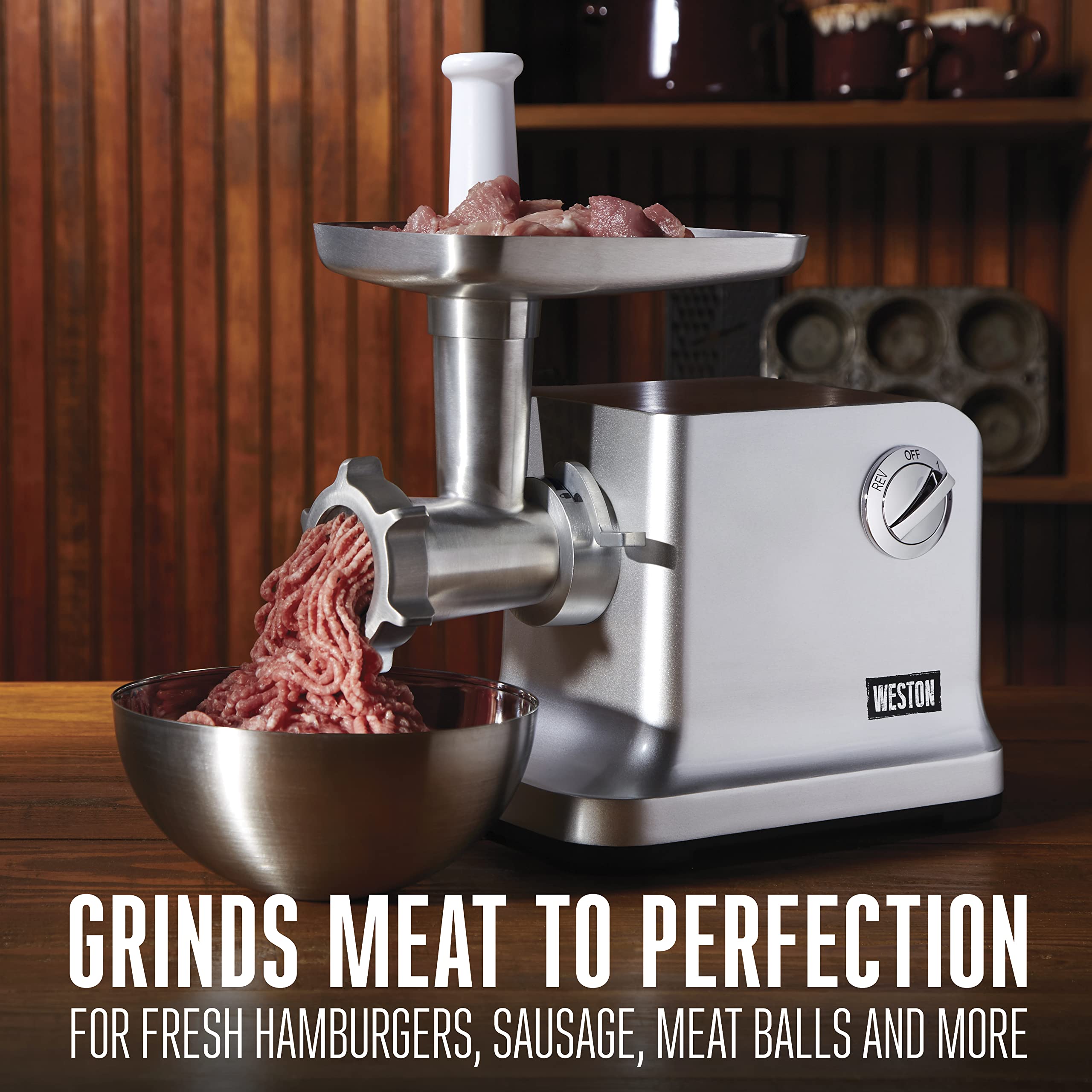 Weston Electric Meat Grinder & Sausage Stuffer - 750W #12 Heavy Duty 1HP Motor, 4 lbs/min Grinding Capacity with Stainless Steel Plates & Die-Cast Aluminum Body (Model 33-1301-W) - Perfect for Home Butchering, Sausage Making & Food Prep