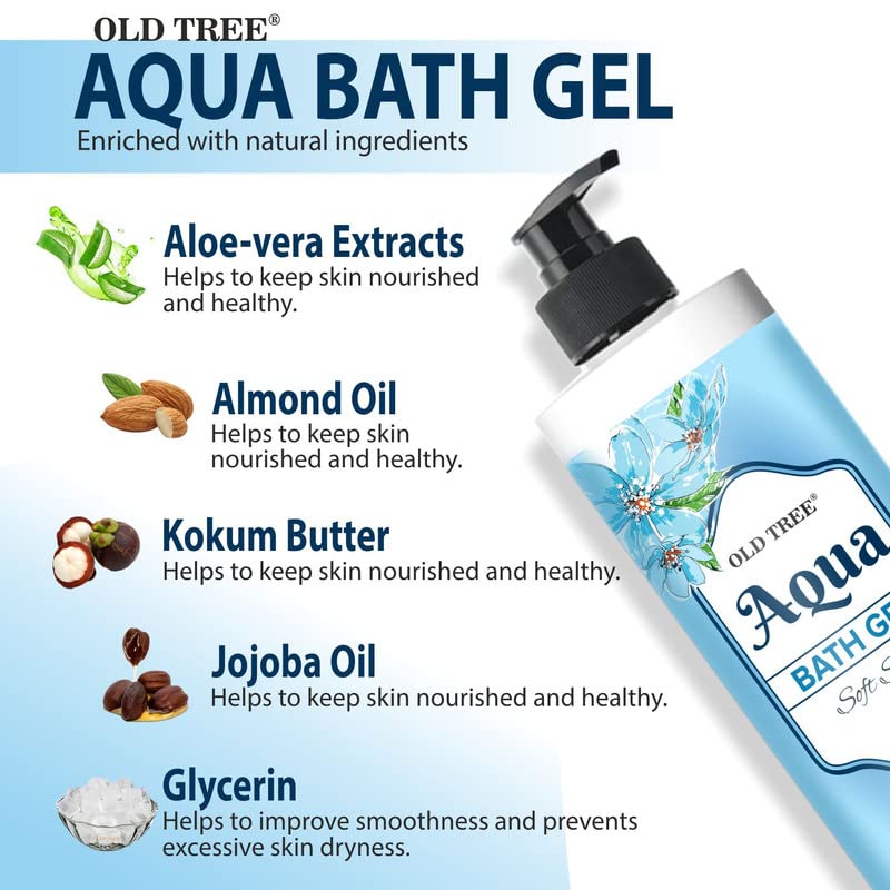 Old Tree Aqua Bath Gel Pack of 2 (475ml Each) - Refreshing Body Wash for Men & Women with Aloe Vera, Almond Oil & Natural Extracts - Hydrating Shower Gel for Dry Skin, Daily Use & Spa Relaxation