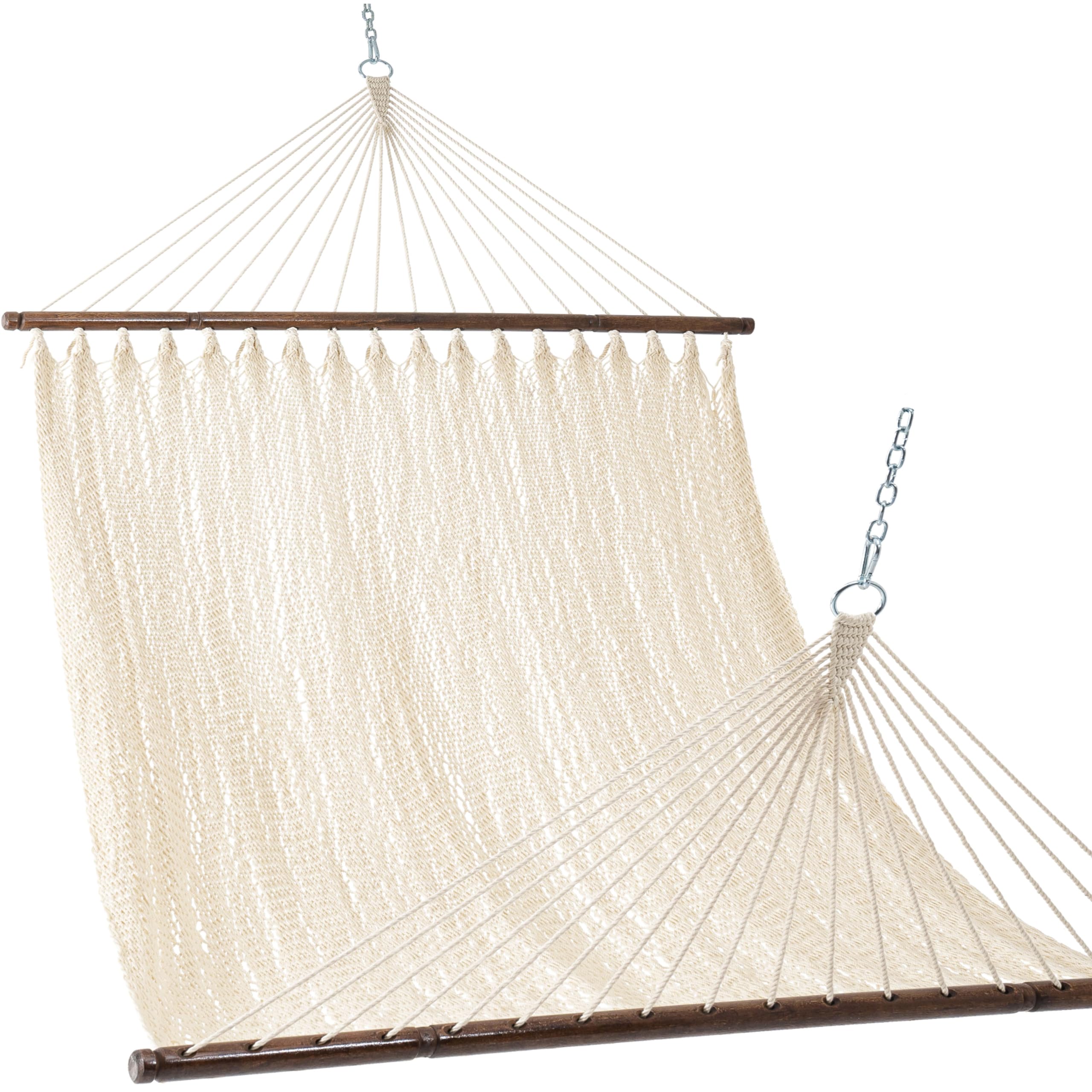 10.5 FT Double 2 Person Caribbean Rope Hammock - Hand Woven Polyester Outdoor Hammock with Spreader Bars - Heavy Duty 450 LBS Capacity - Cream Color - Perfect for Backyard, Patio, Poolside & Beach Relaxation