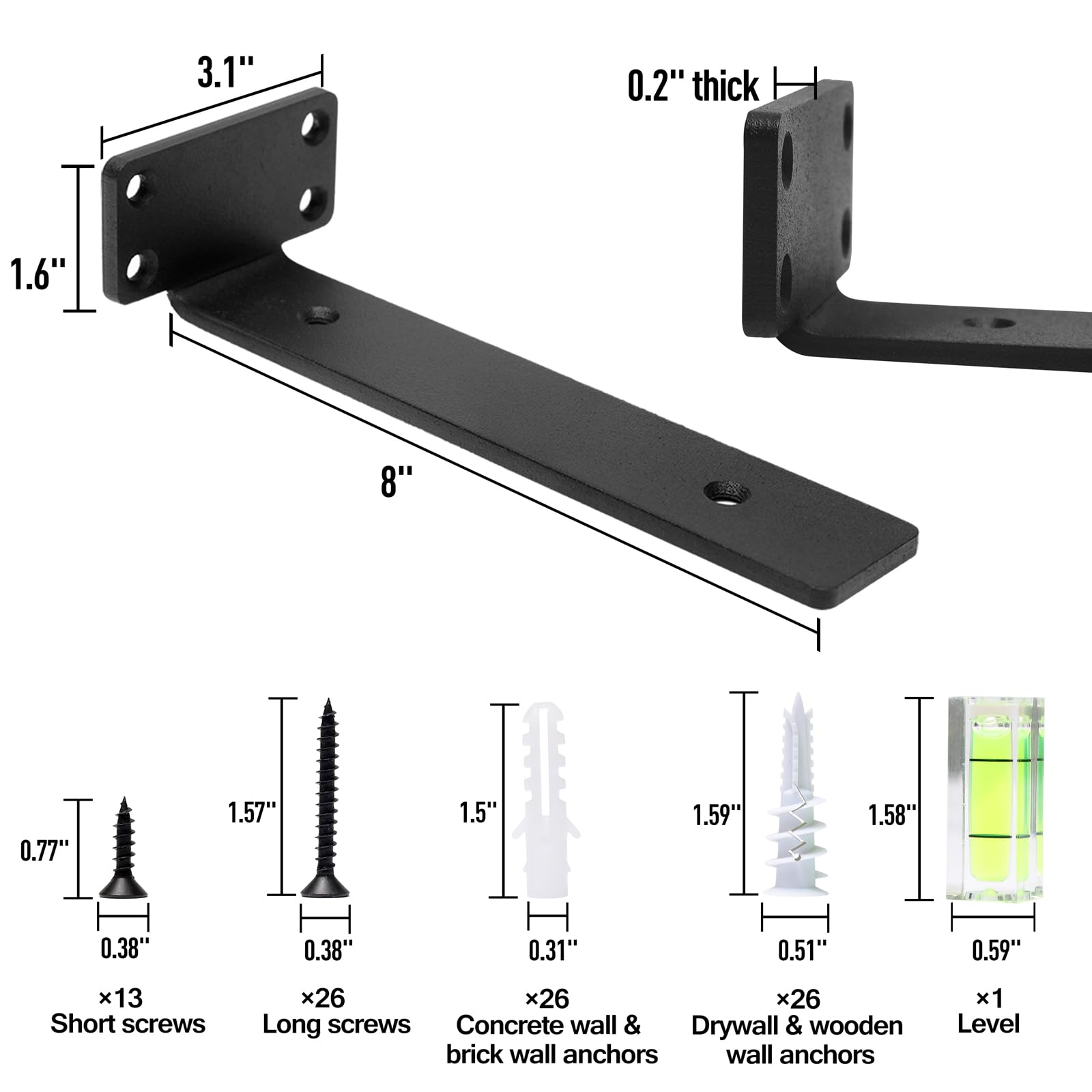 Heavy Duty Floating Shelf Brackets 8-Inch (1/5'' Thick) - Hidden Shelves Hardware, Cast Iron L Brackets - Rustic Industrial Black Metal Wall Shelving Supports (6 Pack) - Perfect for Living Room, Kitchen & Home Office Storage Solutions