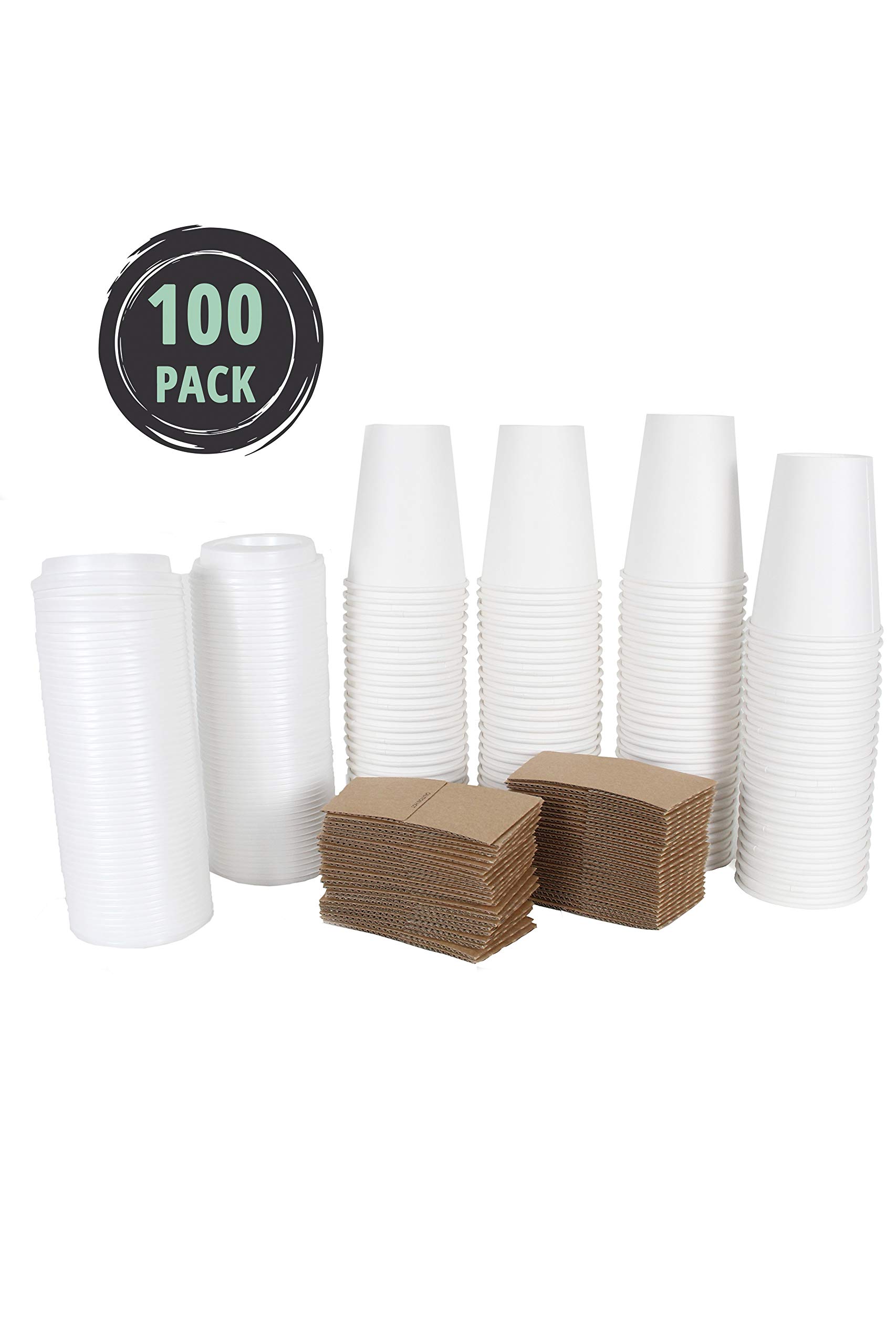 CucinaPrime 100 Pack 16OZ Disposable Paper Coffee Cups with Lids and Sleeves - Insulated Hot Drink Travel Cups for Office, Cafe, and Home Use