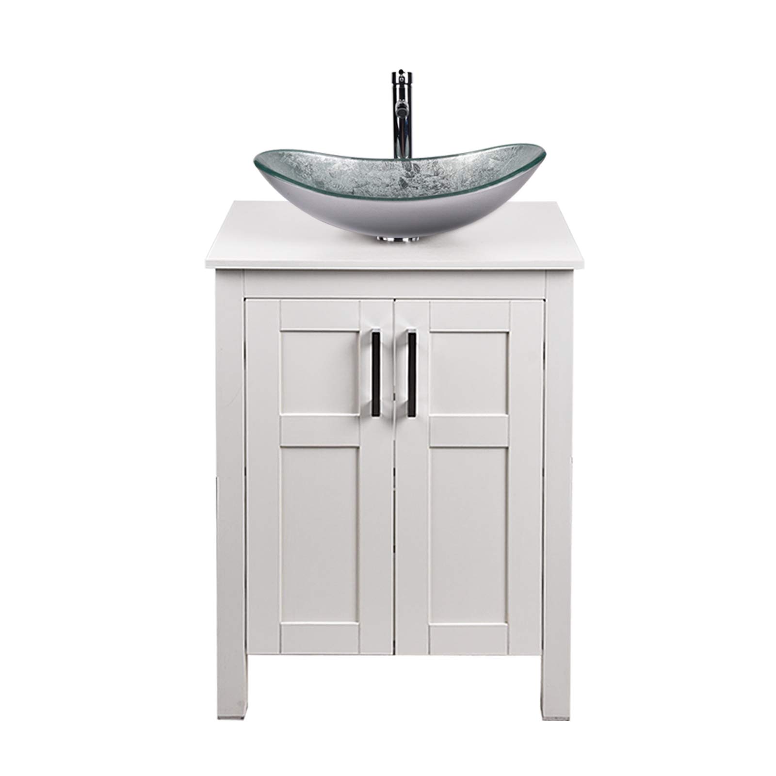Puluomis 24 Inch White Traditional Bathroom Vanity Set with Tempered Glass Sink Top & 2-Door Cabinet - Single Sink Vanity with Faucet Hole for Modern Bathroom Remodel & Home Decor
