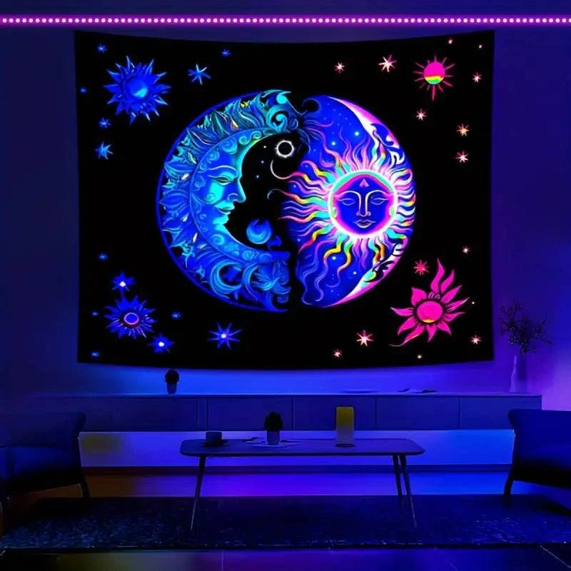Sun Moon Official Glow in the Dark UV Tapestry Wall Art - Celestial Decor for Bedroom, Dorm Room & Meditation Space