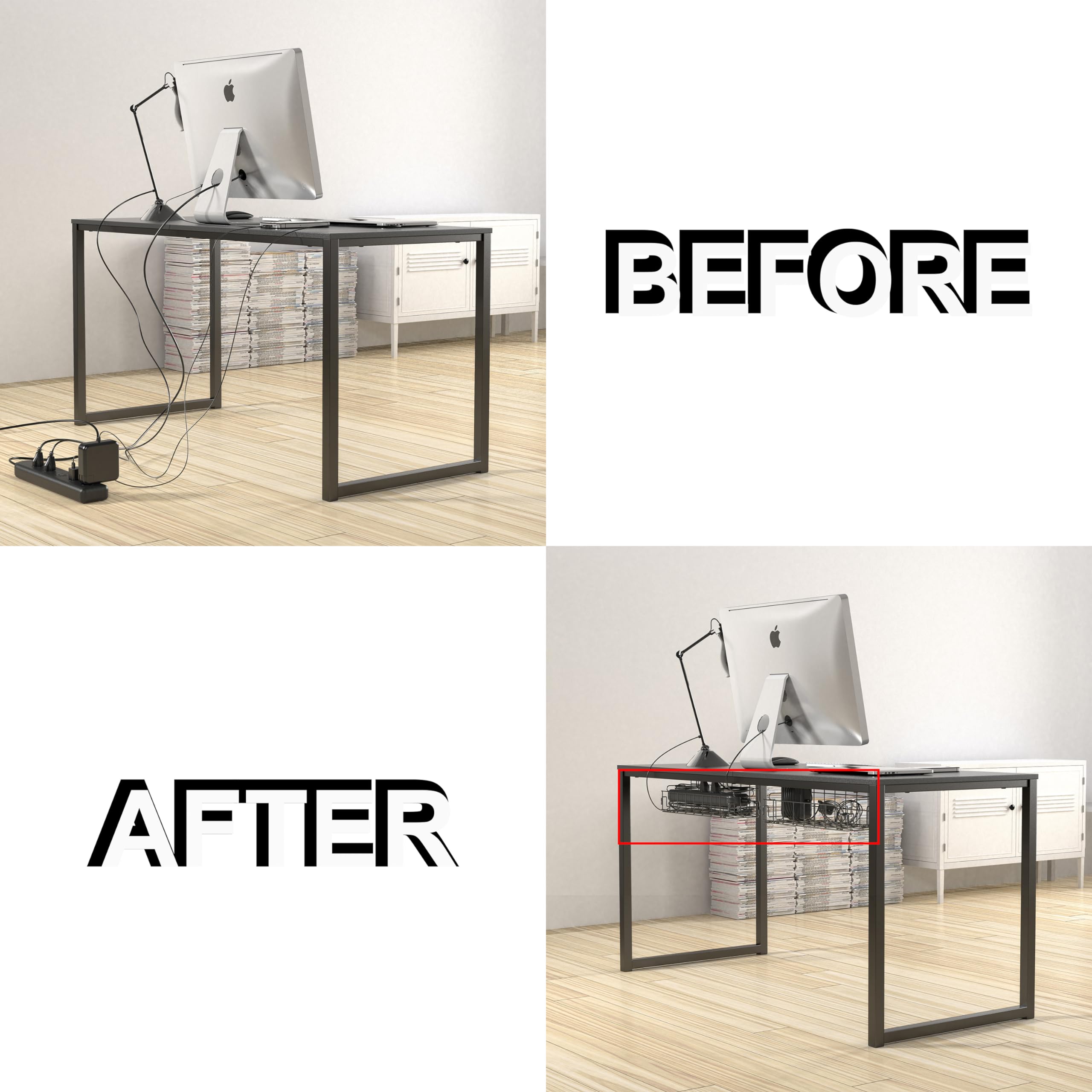 SHW Under Desk Cable Management Tray Organizer - 2 Pack Black Wire Organizer for Home Office, Gaming Setup & Workspace - Cable Management Solutions for Desks & Computer Stations