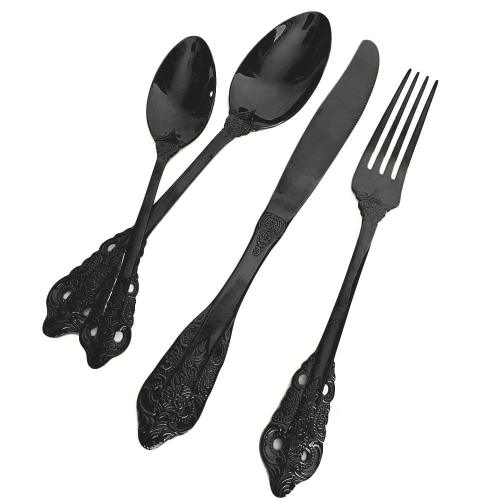 24-Piece Pure Black Kitchen Silverware Set - 304 Stainless Steel Flatware Service for 6, Elegant Dinnerware Cutlery Set with Forks, Spoons & Knives - Round Edge & Mirror Polish - Perfect for Home, Restaurant & Party Dining