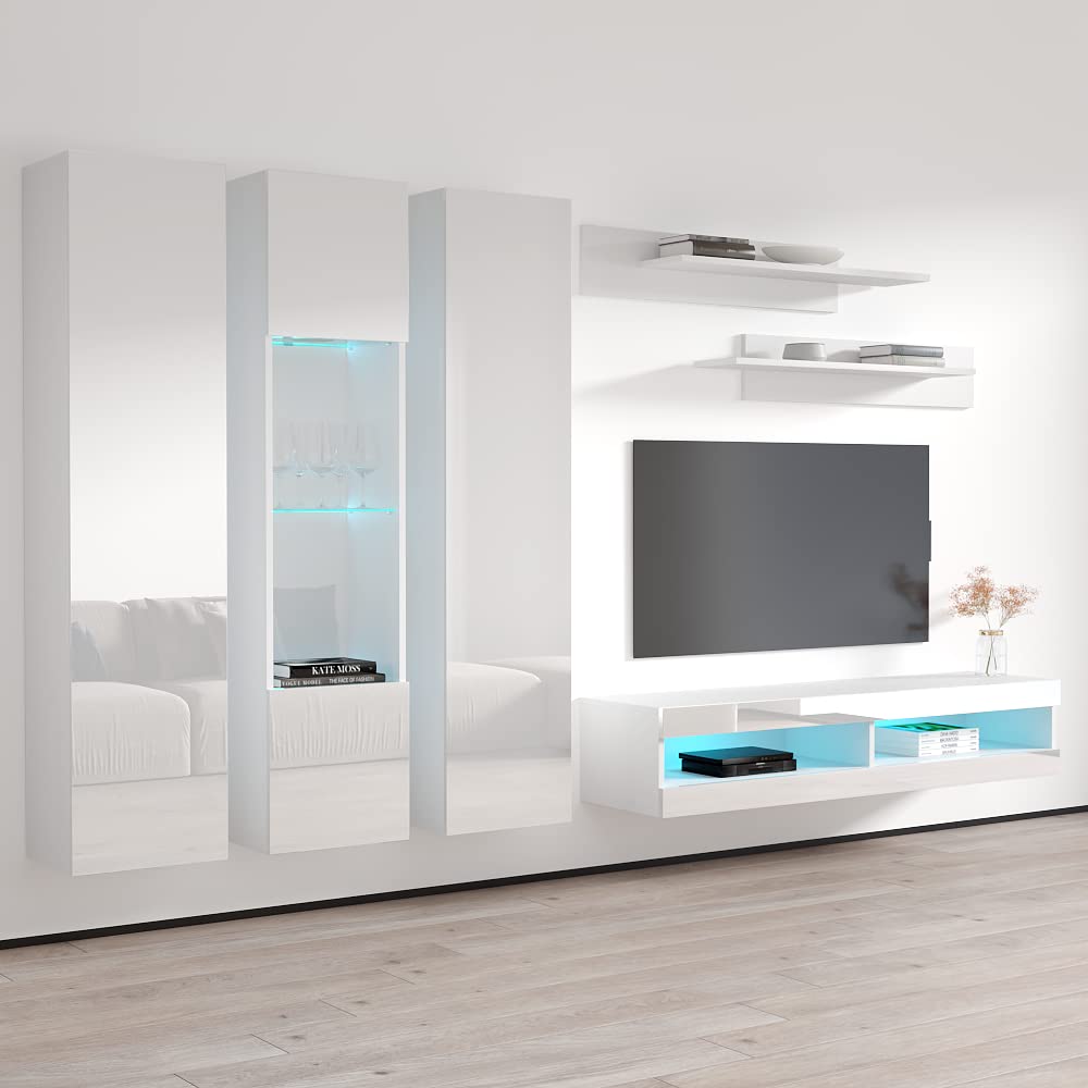 Modern White Wall-Mounted TV Stand with Storage Shelves & LED Lights - Floating Entertainment Center Console for Living Room & Bedroom - Perfect for Small Spaces & Home Theater Setup - Meble Furniture Fly C5 34