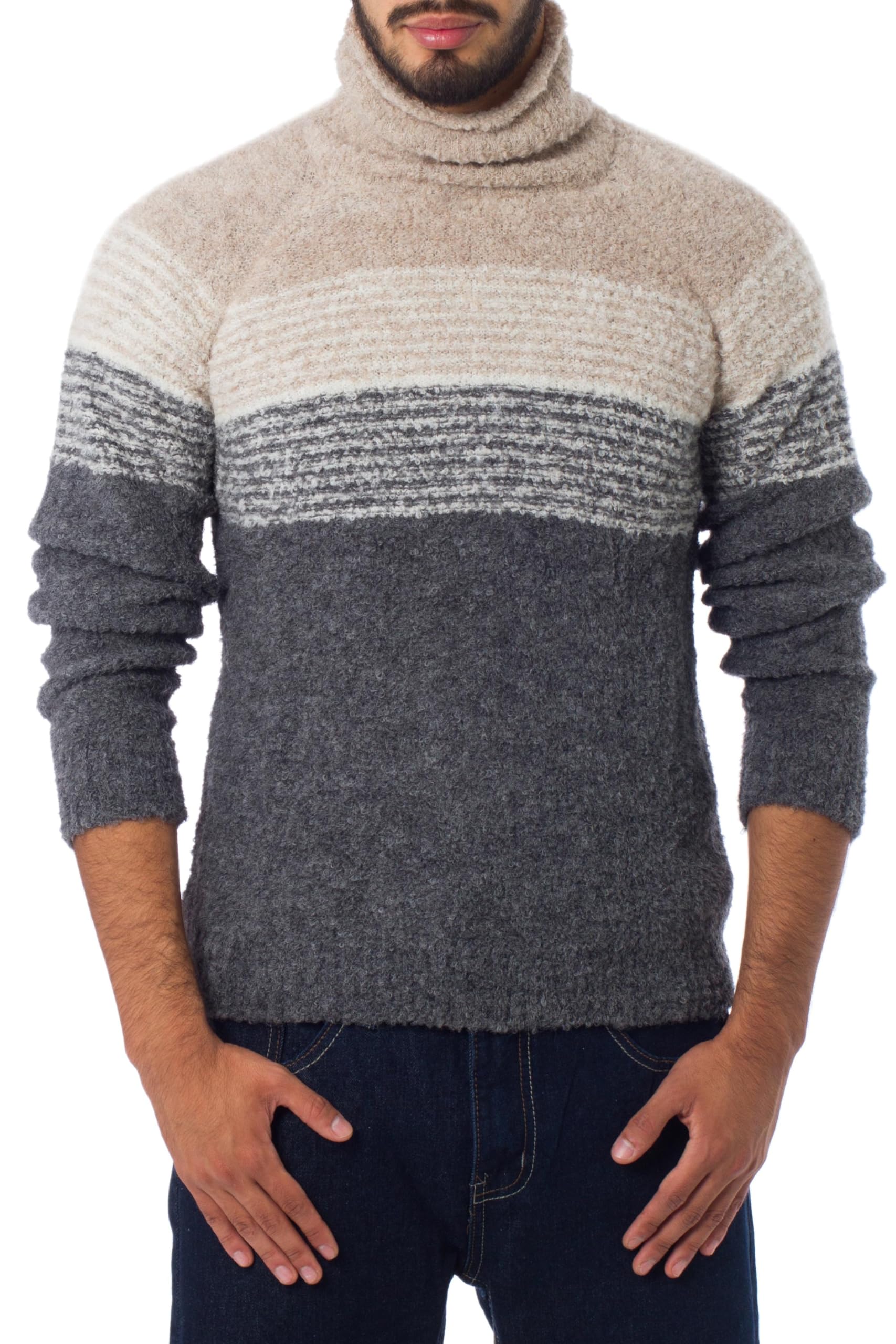 Handmade Alpaca Wool Blend Men's Turtleneck Sweater - Gray & White Striped Peruvian Design | Warm Winter Pullover for Casual & Outdoor Activities
