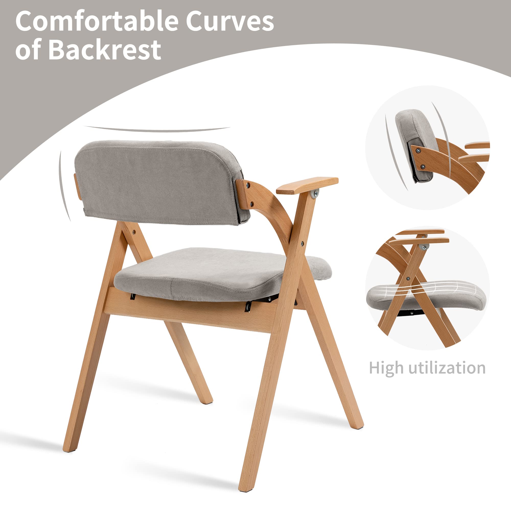 HOMEFUN 2-Pack Wooden Folding Chairs with Armrests & Padded Seats - Stackable Space-Saving Dining Chairs for Kitchen, Office, Wedding, Party & Guest Seating (Gray) - Perfect for Indoor & Outdoor Events, Home Decor & Compact Living Spaces