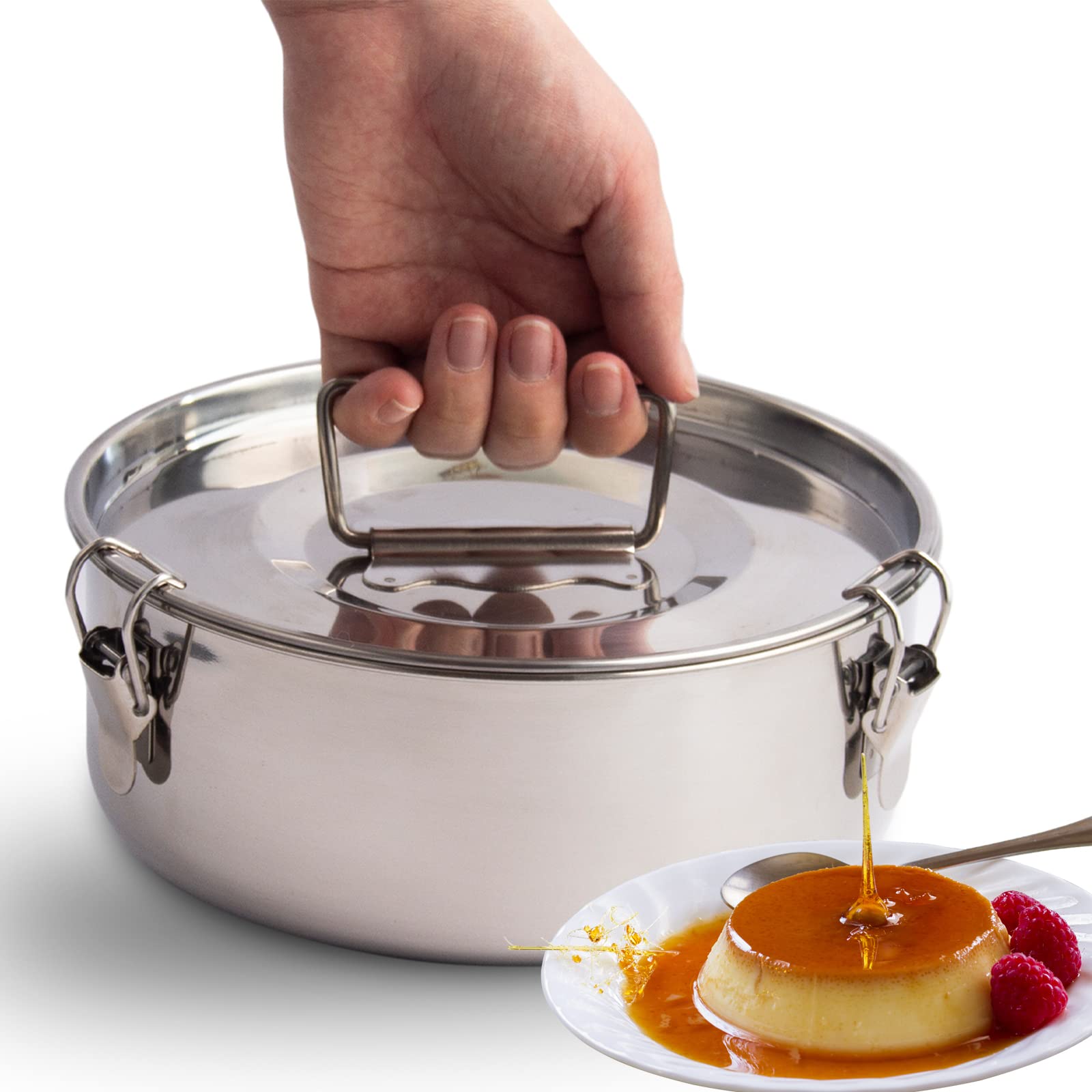 Stainless Steel Flan Pan 63oz - Flanera Mold Cooker for Baking, Instant Pot 3/6/8qt Compatible Custard Pan with Lid - Oven & Dishwasher Safe Fluted Tart Dish for Perfect Desserts & Baking