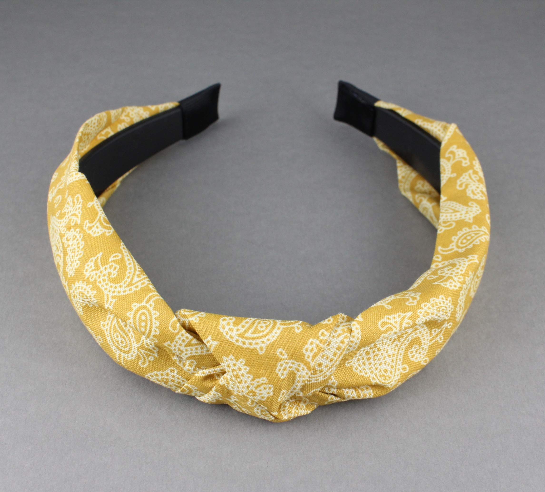 Yellow and White Turban Knot Headband - Paisley Fabric Covered Hair Band with Grip Teeth for Women | Yoga, Workout, and Fashion Accessory