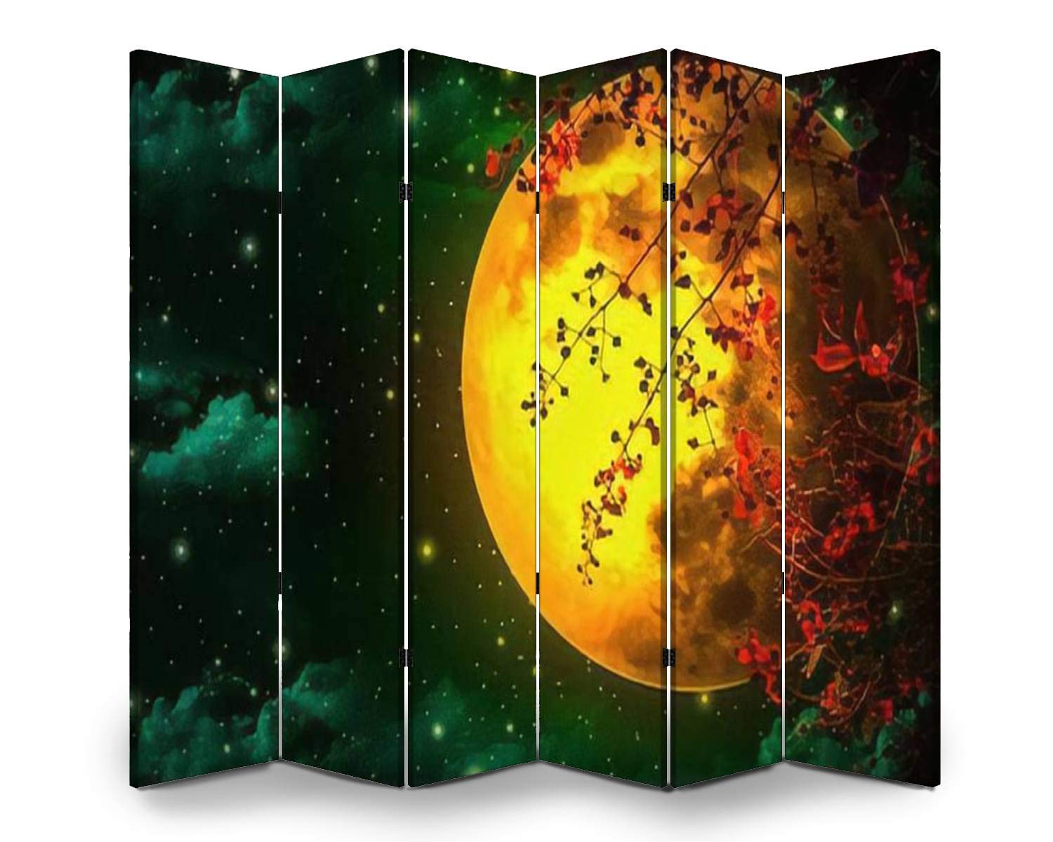 6-Panel Wooden Room Divider with Night Sky Design - Orange Moon & Red Leaves Canvas Privacy Screen, Dual-Sided Folding Partition for Home & Office Decor | Perfect for Bedroom Separation, Living Room Privacy, and Indoor Display Shelves