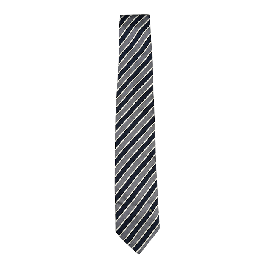 VIVIENNE WESTWOOD Navy Grey White Silk Tie for Men - Elegant Designer Necktie for Business, Weddings & Formal Occasions