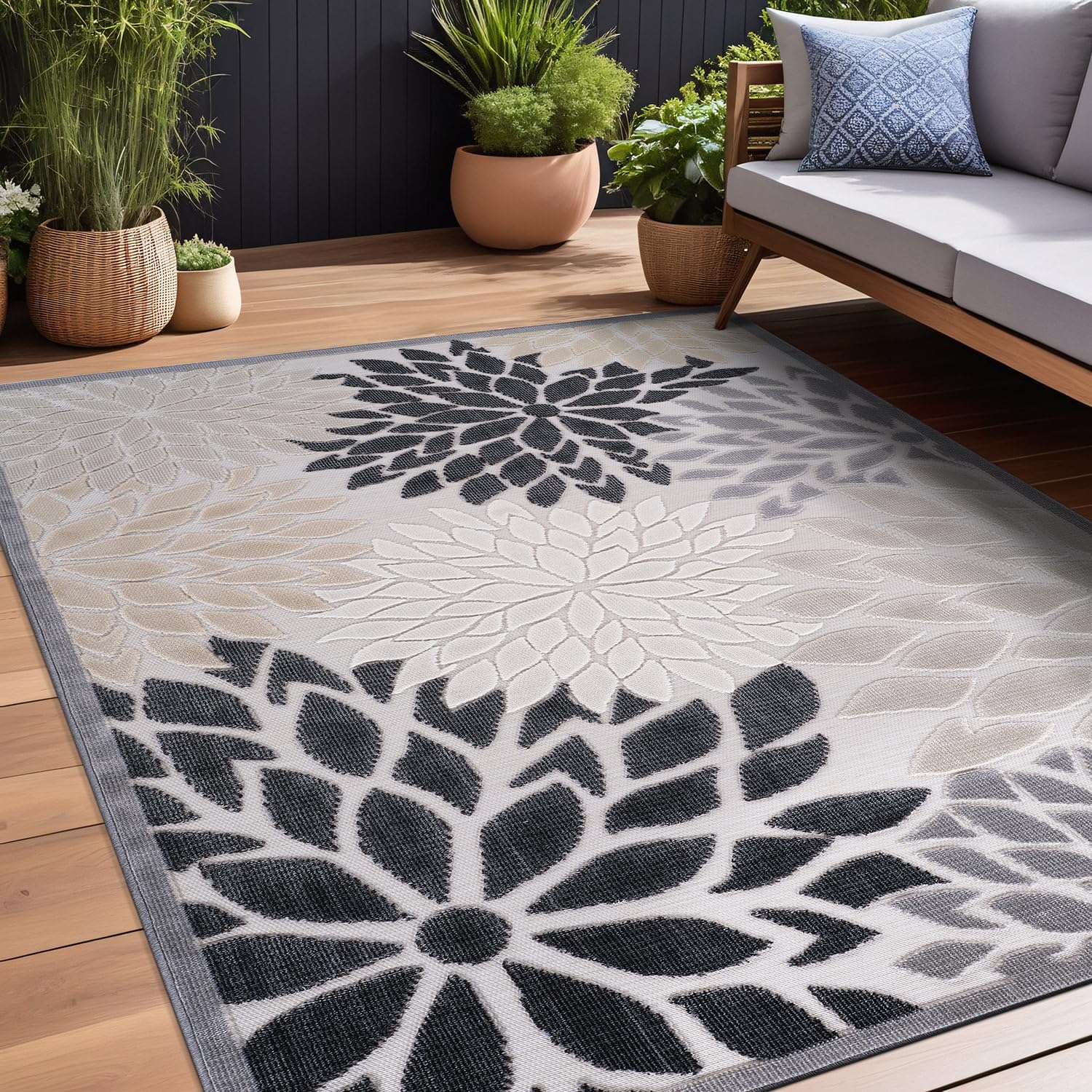 Beverly Rug 9x12 Outdoor Rug - Large Modern Floral Tropical Area Rug for Patio, Living Room, Garden - Easy to Clean, Non-Shedding, Washable Indoor/Outdoor Carpet (9x12 Beige) - Perfect for Beach Houses, Poolside, and Boho Decor