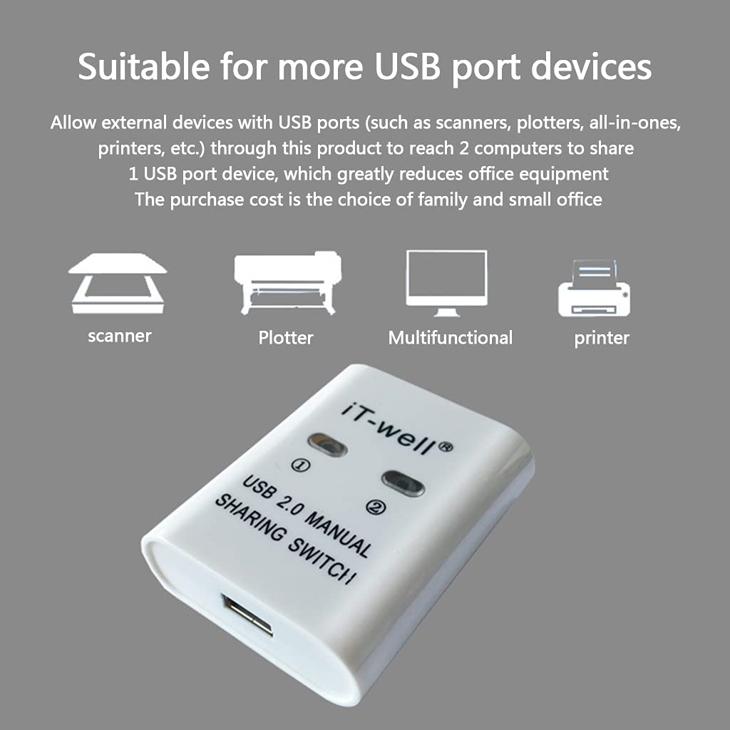 Heylulu USB Switch Selector 2-Port KVM Adapter - Share 1 USB Device Between 2 Computers for Printer, Keyboard & Mouse - White USB Printer Sharing Converter - Perfect for Home Office & Multi-PC Workstations