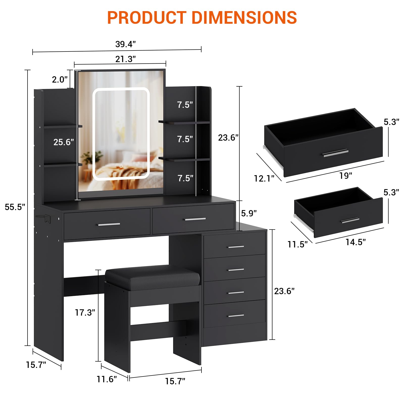 Black Vanity Desk with Mirror & LED Lights - Makeup Vanity Set with 6 Drawers, Shelves & Charging Station - Includes Stool - Perfect for Bedroom, Dressing Room & Beauty Salon