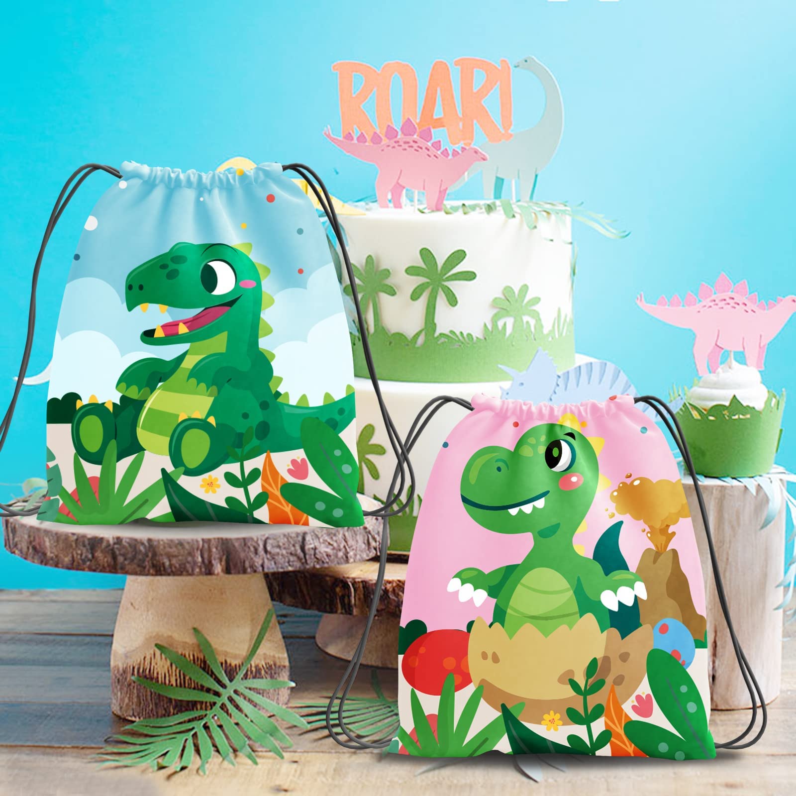 12 Pack Dinosaur Drawstring Bags for Kids Birthday Party Favors & School Travel Storage