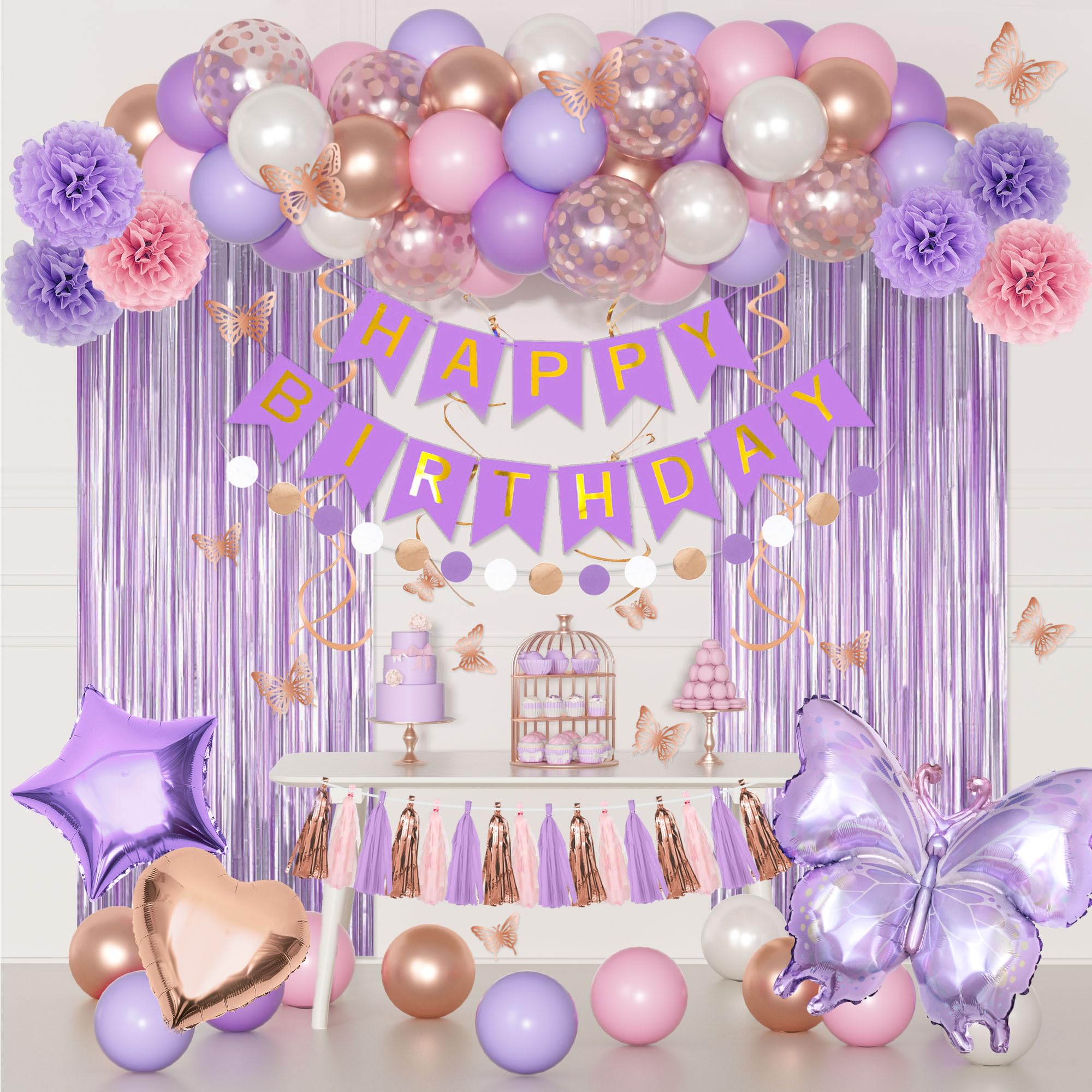 Elegant Purple Pink Birthday Party Decorations for Women & Girls - Butterfly Confetti, Rose Gold Lavender Balloons, Happy Birthday Banner, Fringe Curtains | Perfect for 30th, 40th, 50th Birthday Celebrations, Baby Showers & Bridal Showers