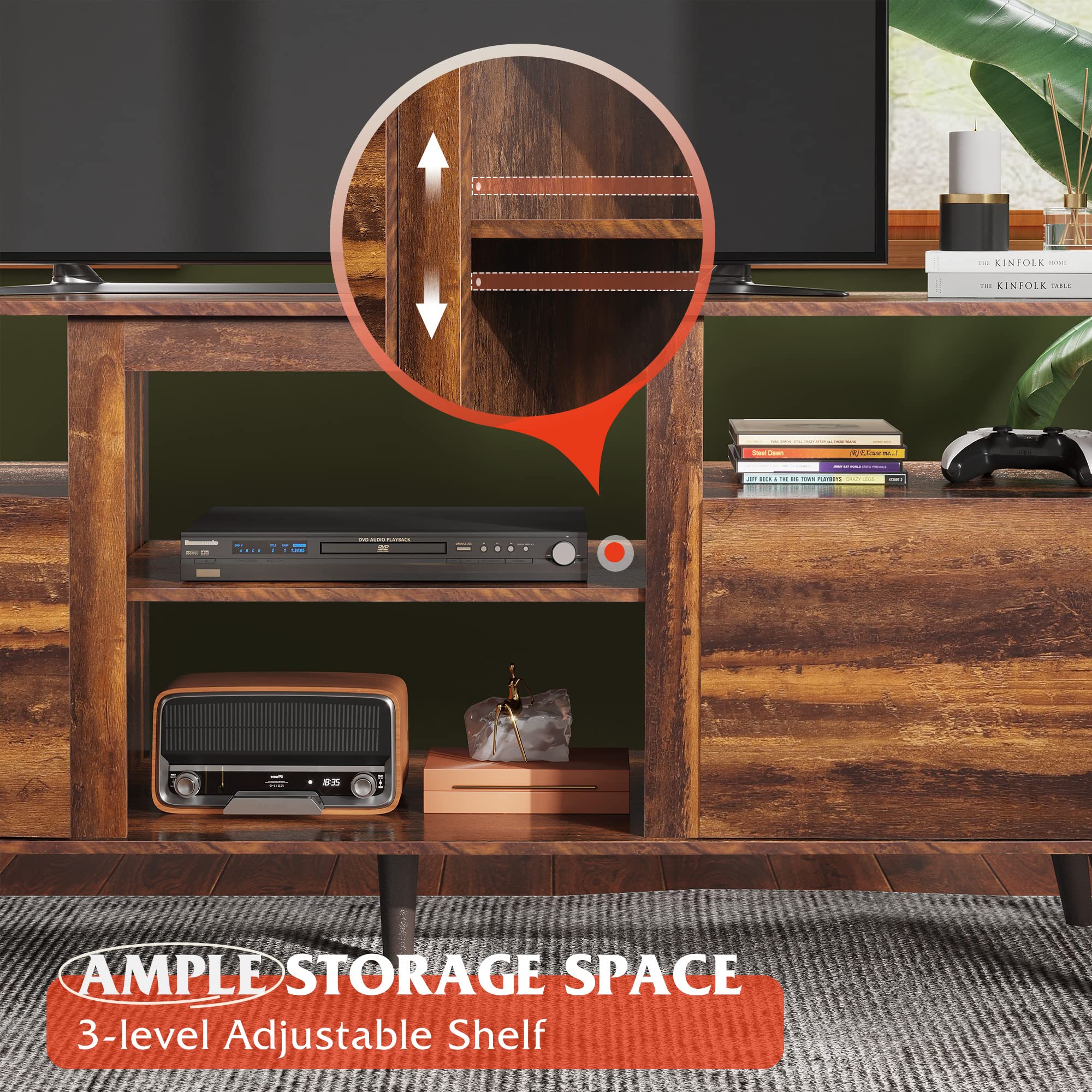 65 Inch TV Stand with 2 Storage Cabinets - Retro Brown Entertainment Center for Living Room, Bedroom & Office - Perfect Media Console for 58-65 Inch TVs - Ideal for Home Theater Setup & Modern Decor