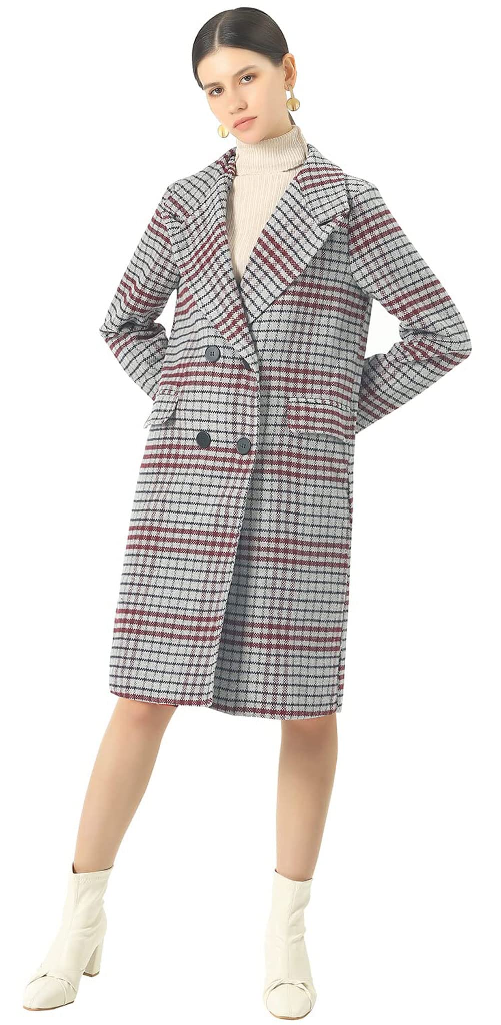 Loveimgs Women's Stylish Plaid Wool Pea Coat - Double Breasted Long Trench Jacket for Office, Dating & Winter Fashion