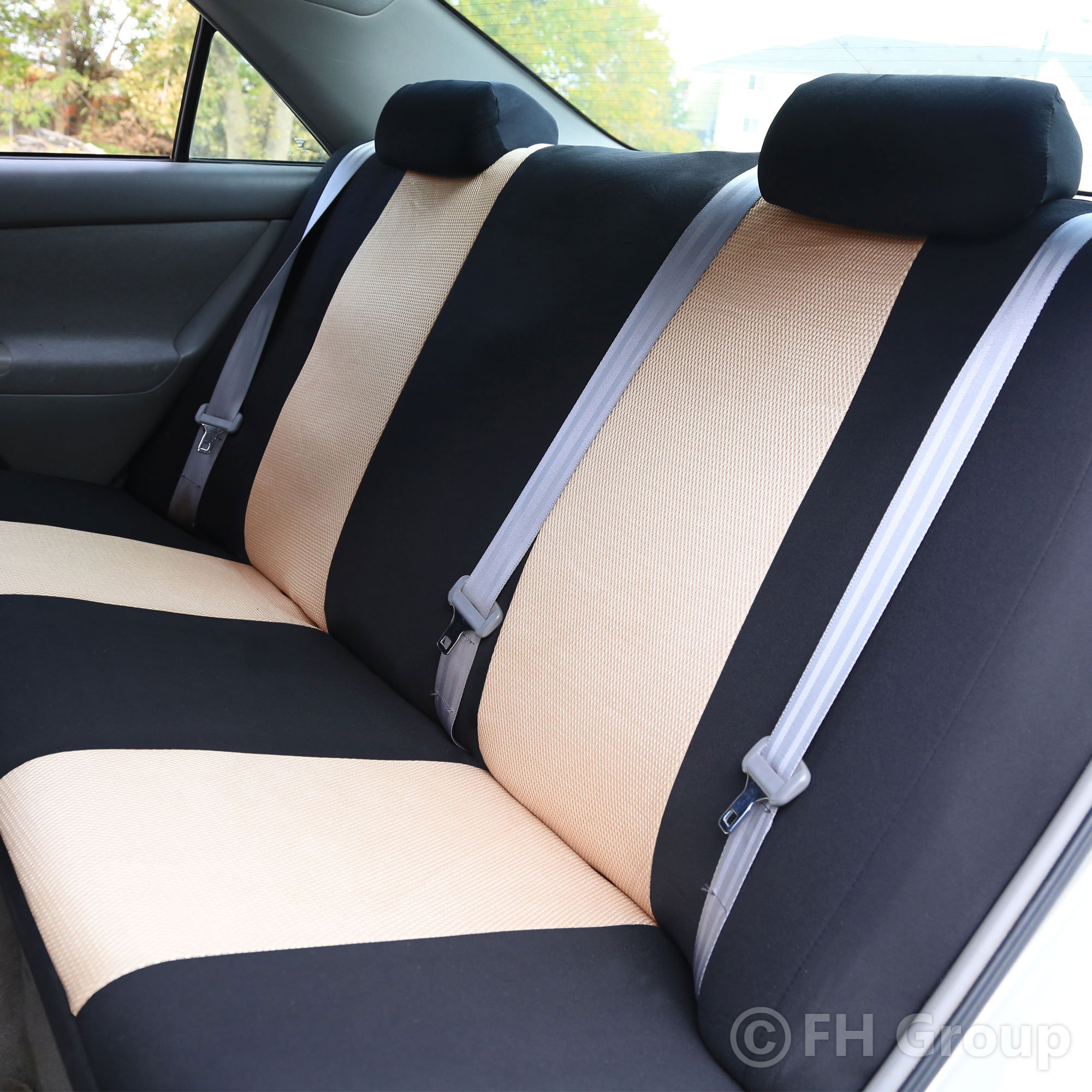 FH Group Universal Car Seat Covers Set - Beige Cloth for SUV, Sedan, Van | Durable & Comfortable for Daily Driving