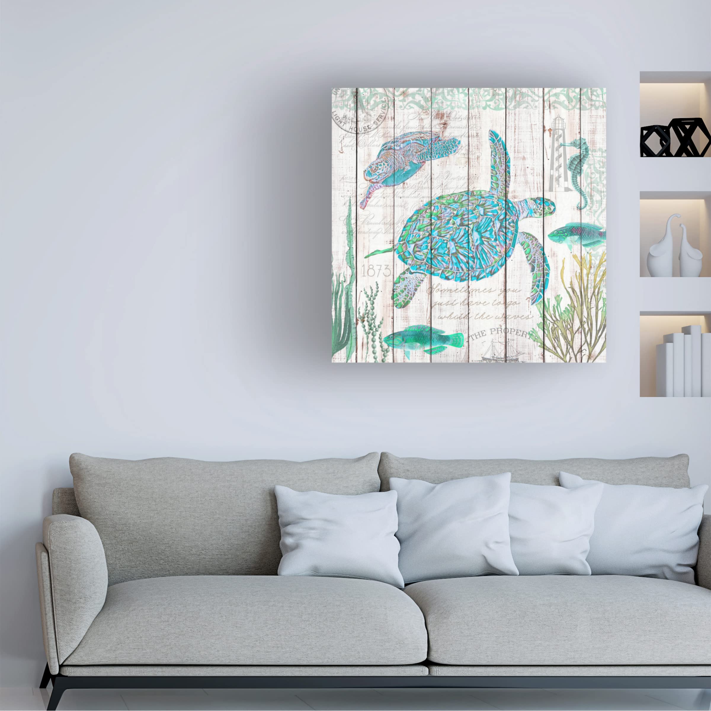 Trademark Fine Art 'Sea Turtles on Driftwood Panel' Canvas Wall Art Print by Cora Niele - Perfect for Beach House Decor, Living Room & Ocean Theme Bedroom