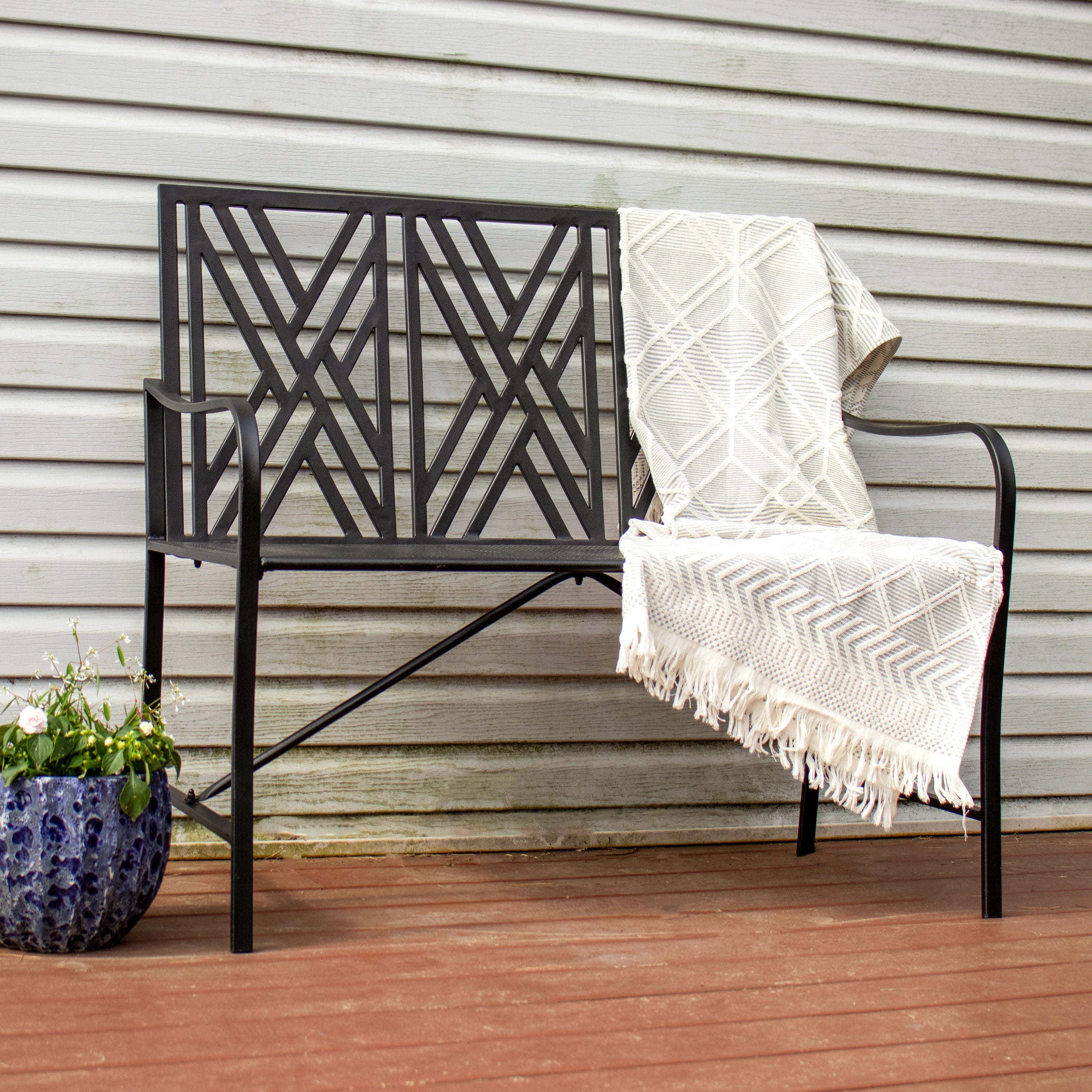 Sunnydaze Geometric Lattice Iron Outdoor Patio Bench - Black Metal Garden Bench for Backyard, Porch, or Poolside Seating - Weather-Resistant & Durable Patio Furniture