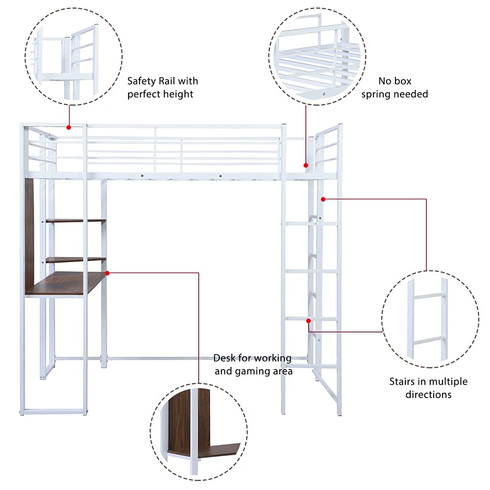 Twin Size Loft Bed with Study Desk & Storage Shelves - Sturdy Metal Frame with Safety Ladder & Guardrails - Space Saving Design for Small Bedrooms, Dorms & Guest Rooms - White Modern Furniture for Teens & Adults