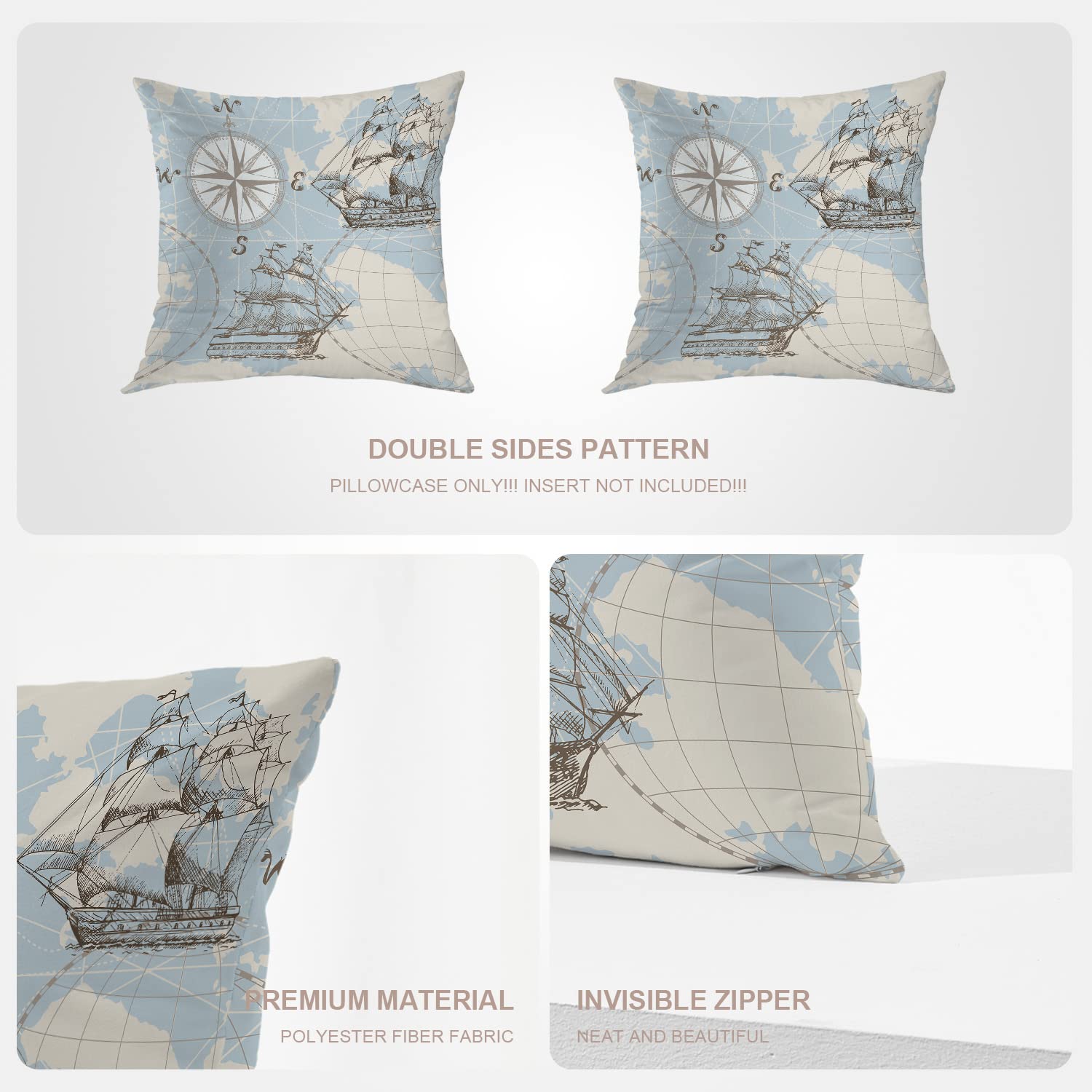 Nautical Decorative Pillow Covers 18x18 Inch - Ocean Map with Compass & Sailboat Design, Cotton Square Cushion Covers for Sofa, Bed, Boat or Beach House Decor