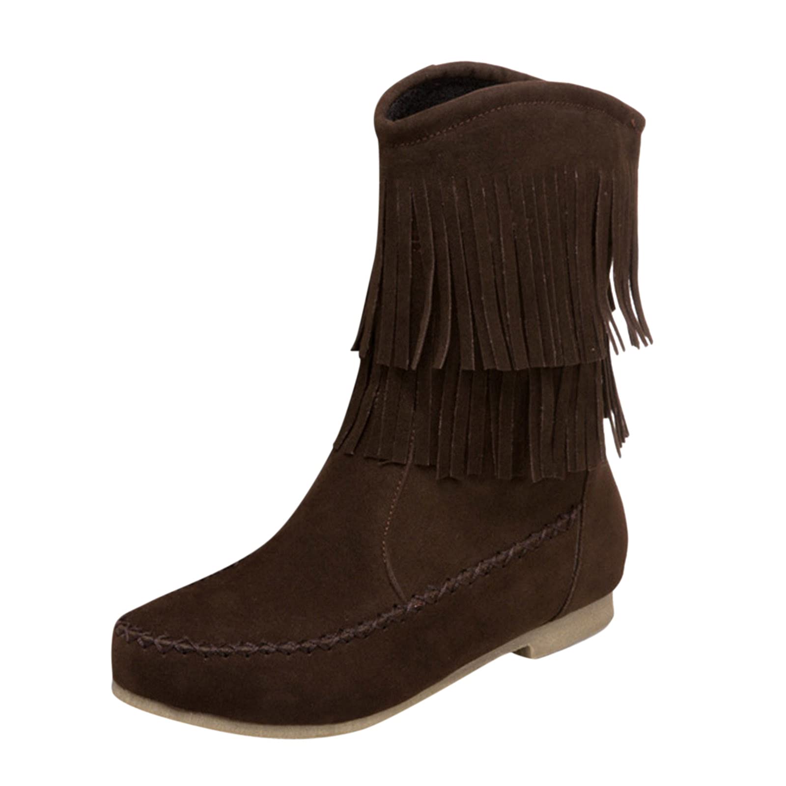 Women's Retro Suede Fringe Ankle Boots - Round Toe Slip-On Platform Booties with Buckle Detail | Roman Winter Walking Shoes for Casual Outfits & Holiday Fashion