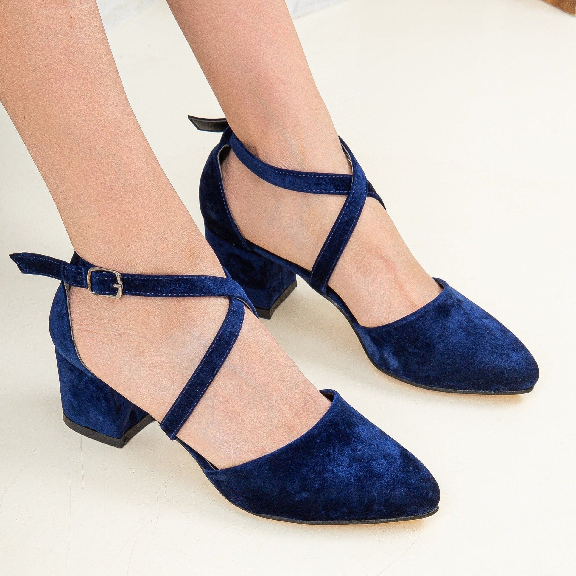 Blue Velvet Block Heel Pumps for Women - Comfortable Mid Heel Dress Shoes for Parties, Weddings & Office Wear