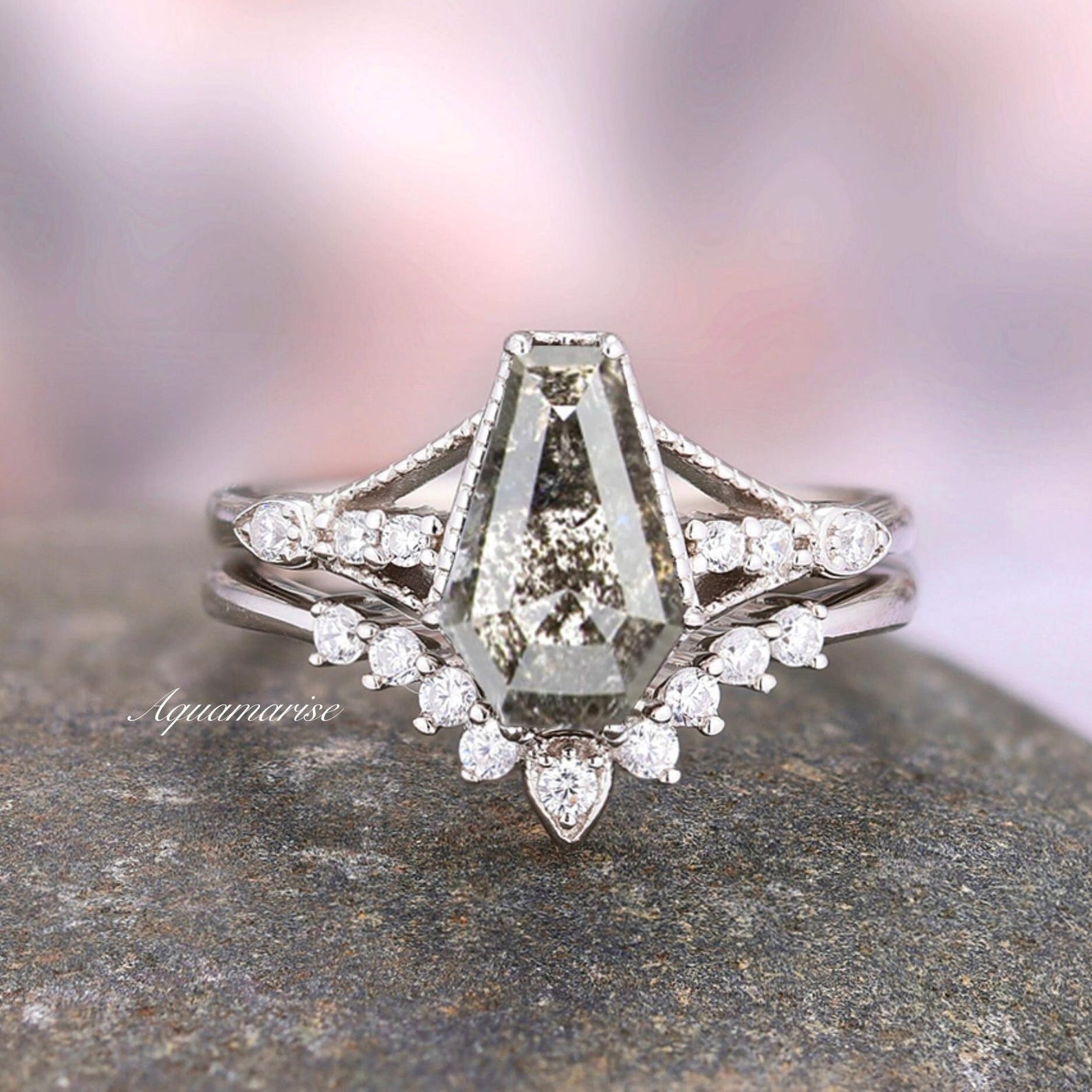 Galaxy Salt and Pepper Herkimer Diamond Meteorite Couples Ring Set - Matching Wedding Bands for Him and Her, Unique Gemstone Jewelry Gift for Anniversaries & Engagements