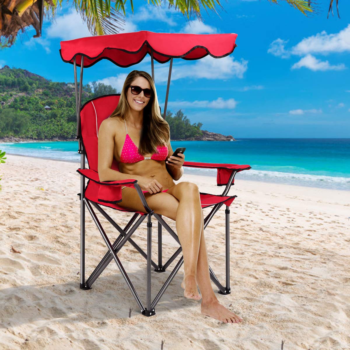 GYMAX Portable Folding Camping Chair with Canopy - Heavy Duty Outdoor Lawn Chair with Carry Bag & Cup Holder - Perfect for Camping, Beach, Picnic, Travel, Soccer Games and Backyard Relaxation