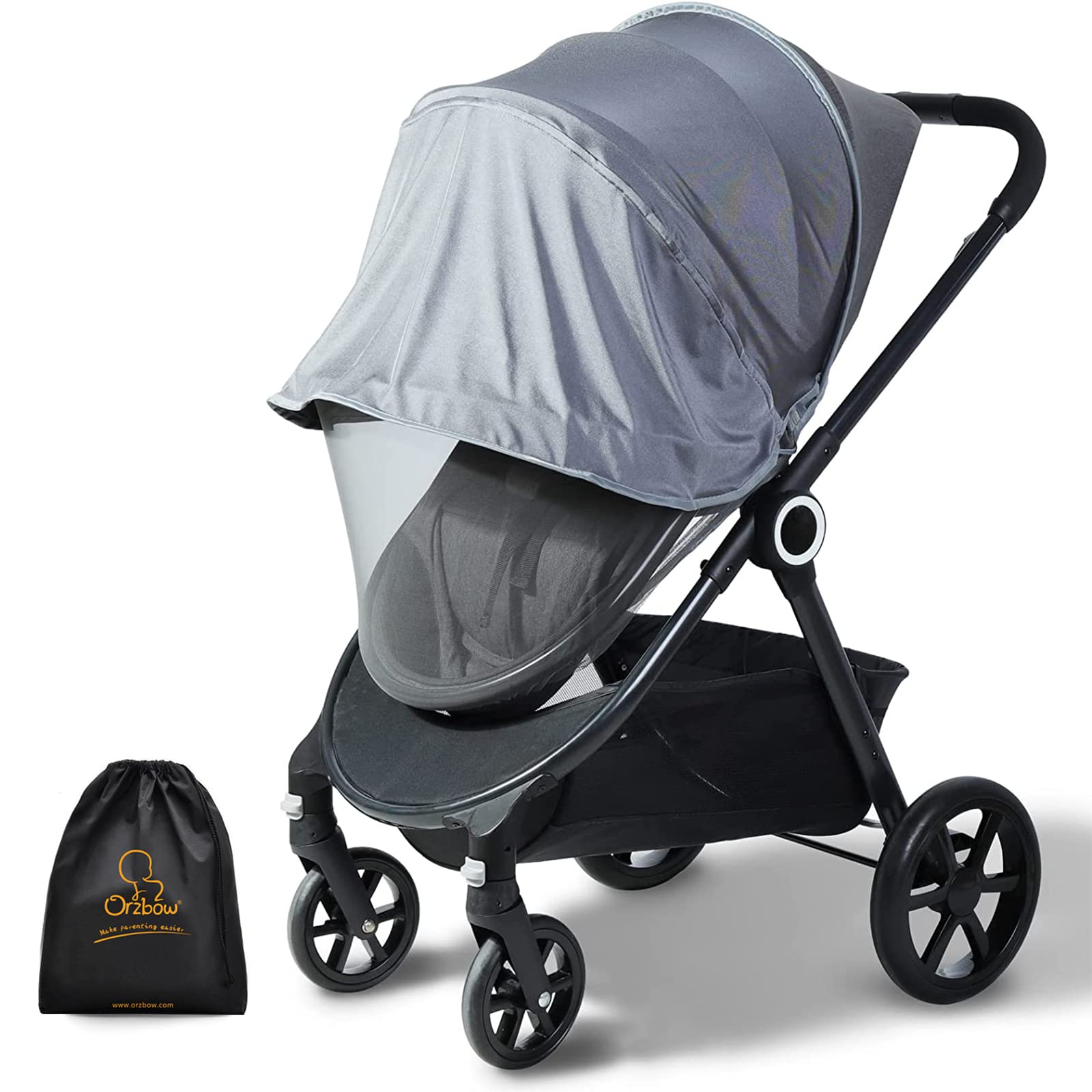 Orzbow 2-in-1 Baby Mosquito Net with UPF50+ Sunshade - Breathable Stroller Cover with Two-Way Zipper & Storage Bag - Fits Bassinet, Car Seat & Carrycot - Grey - Perfect for Outdoor Walks, Park Visits & Travel Protection