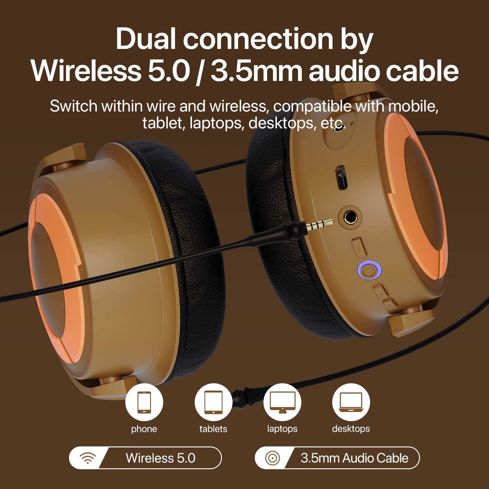 YOWU Cat Ear Headphones DJ - RGB Wireless & Wired Gaming Headset with Mic for PC/PS4/PS5/XBOX/Switch - Customizable Lighting Effects for Gamers (Gold) - Perfect for Gaming, Streaming, and Cosplay Events