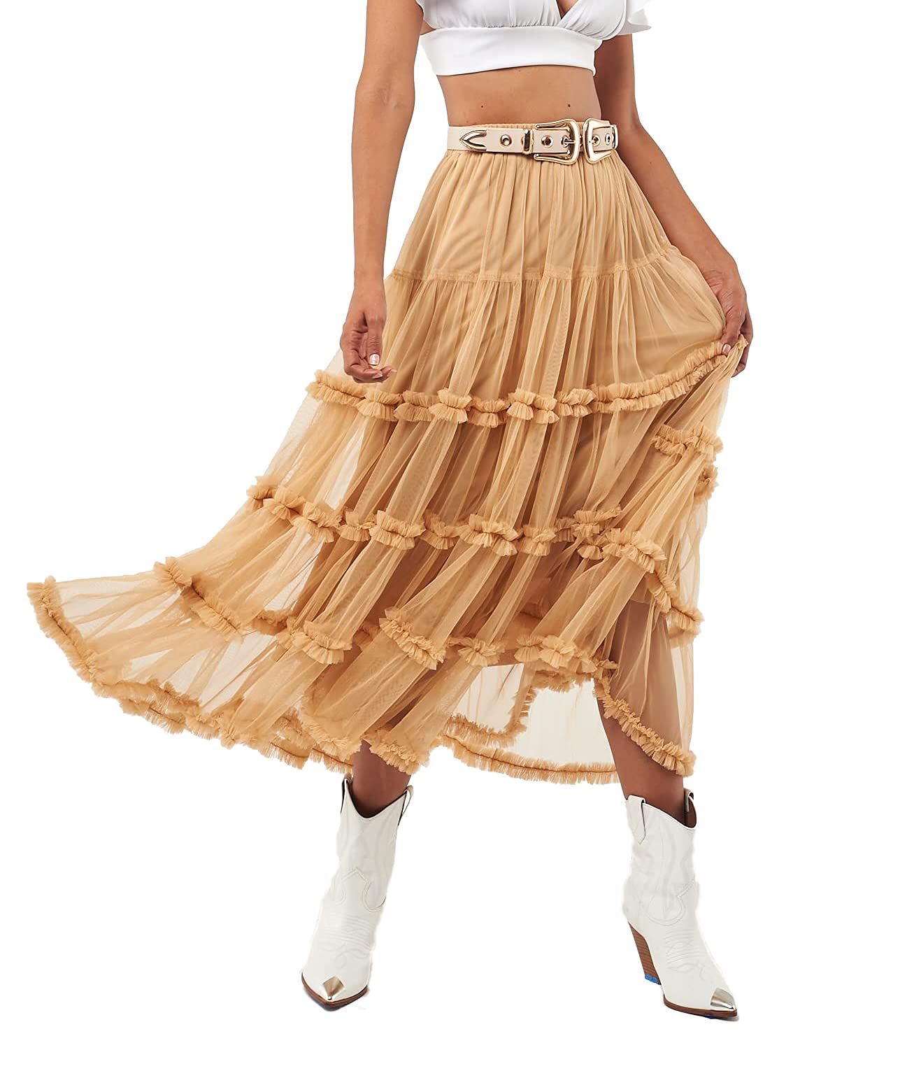 Elegant Women's Crown Tulle Midi Skirt - Flowy A-Line Party Dress for Weddings, Prom & Special Occasions