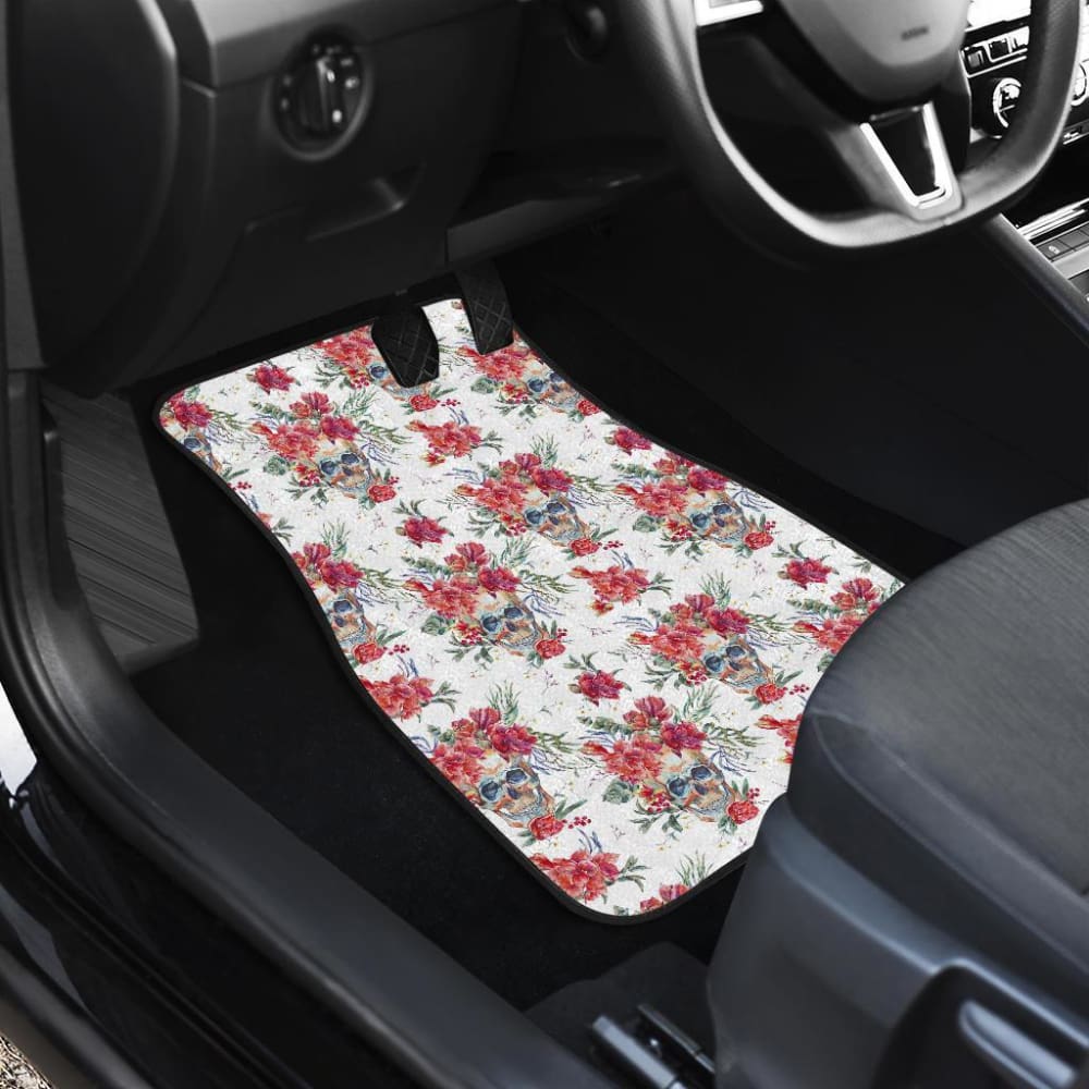 4 Pcs Floral Sugar Skull Car Mats - Non-Slip Floor Mats for Cars, Trucks & SUVs - Perfect for Day of the Dead Decor & Mexican Themed Parties