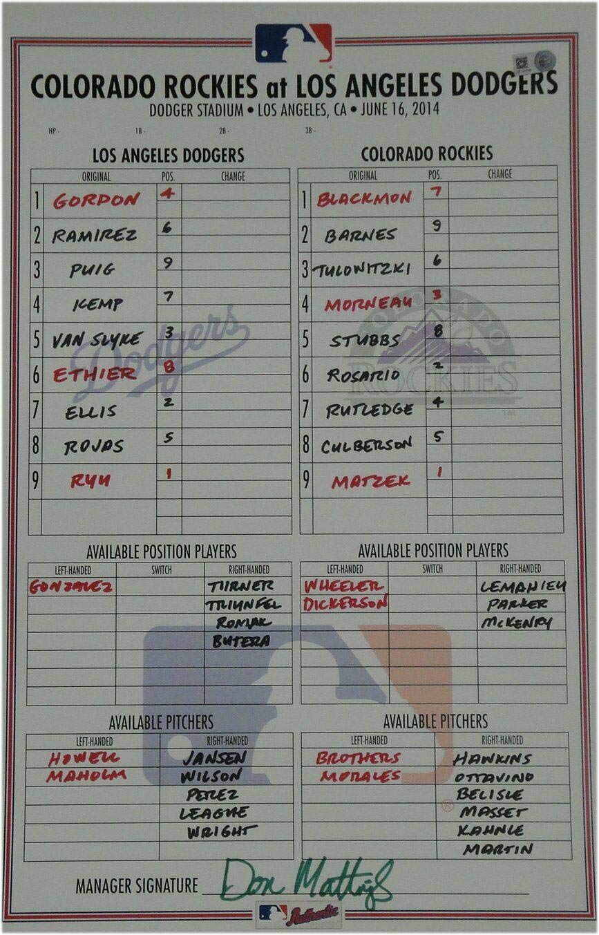 Authentic MLB Autographed Baseball Cards - Colorado Rockies vs Dodgers 2014 Lineup with Don Mattingly, Ryu & Kemp Signatures | Collectible Sports Memorabilia for Fans & Display Cases