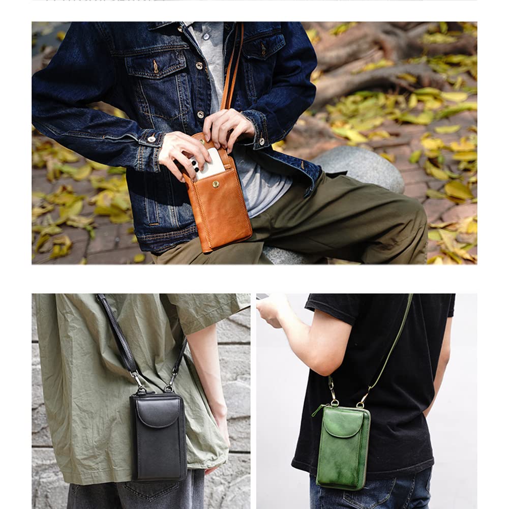 Premium Vegetable-Tanned Leather Phone Card Cash Sling Bag - Slim Crossbody Shoulder Wallet for Men & Women (Black) - Ideal for Travel, Outdoor Adventures & Everyday Carry