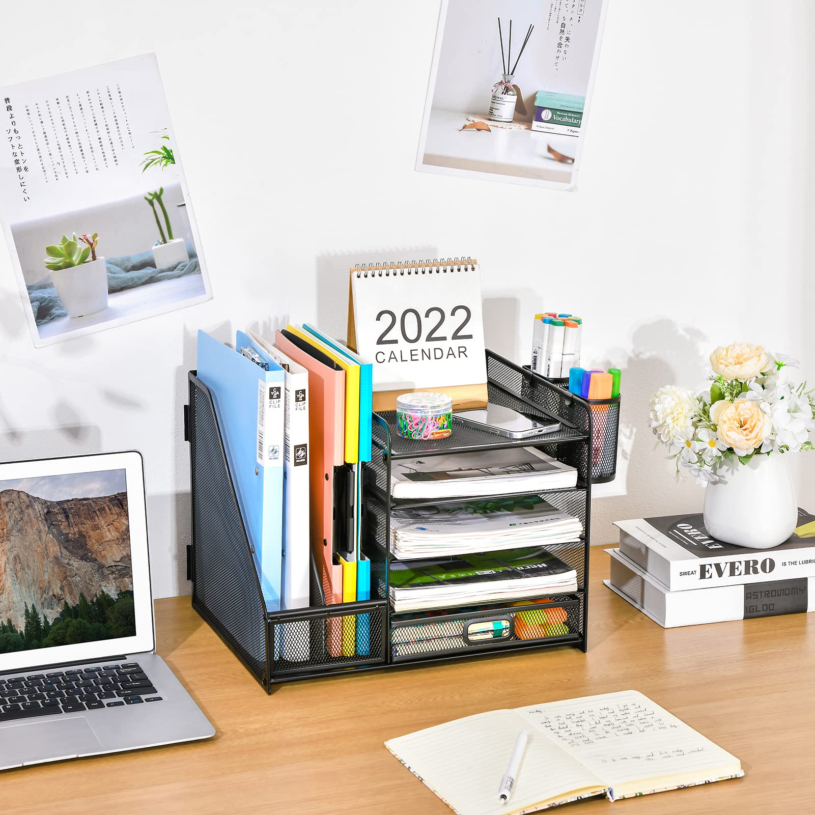 5-Tier Mesh Desk Organizer with File Holder, Drawer & Pen Holders - Black Office Storage Solution for Paper, Magazines & Supplies | Perfect for Home Office & Workspace Organization