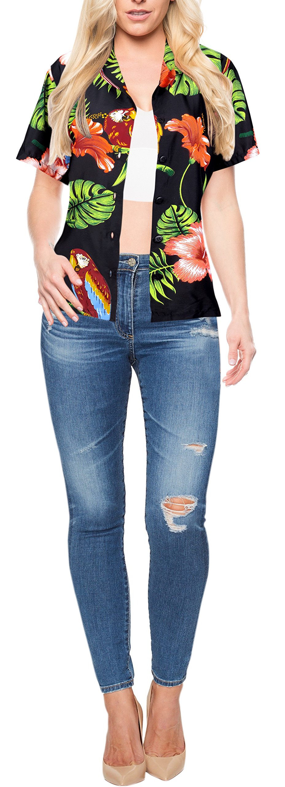 LA LEELA Women's Short Sleeve Hawaiian Beach Blouse Shirt - Floral Print Vacation Top for Summer, Beach Party, and Tropical Getaways