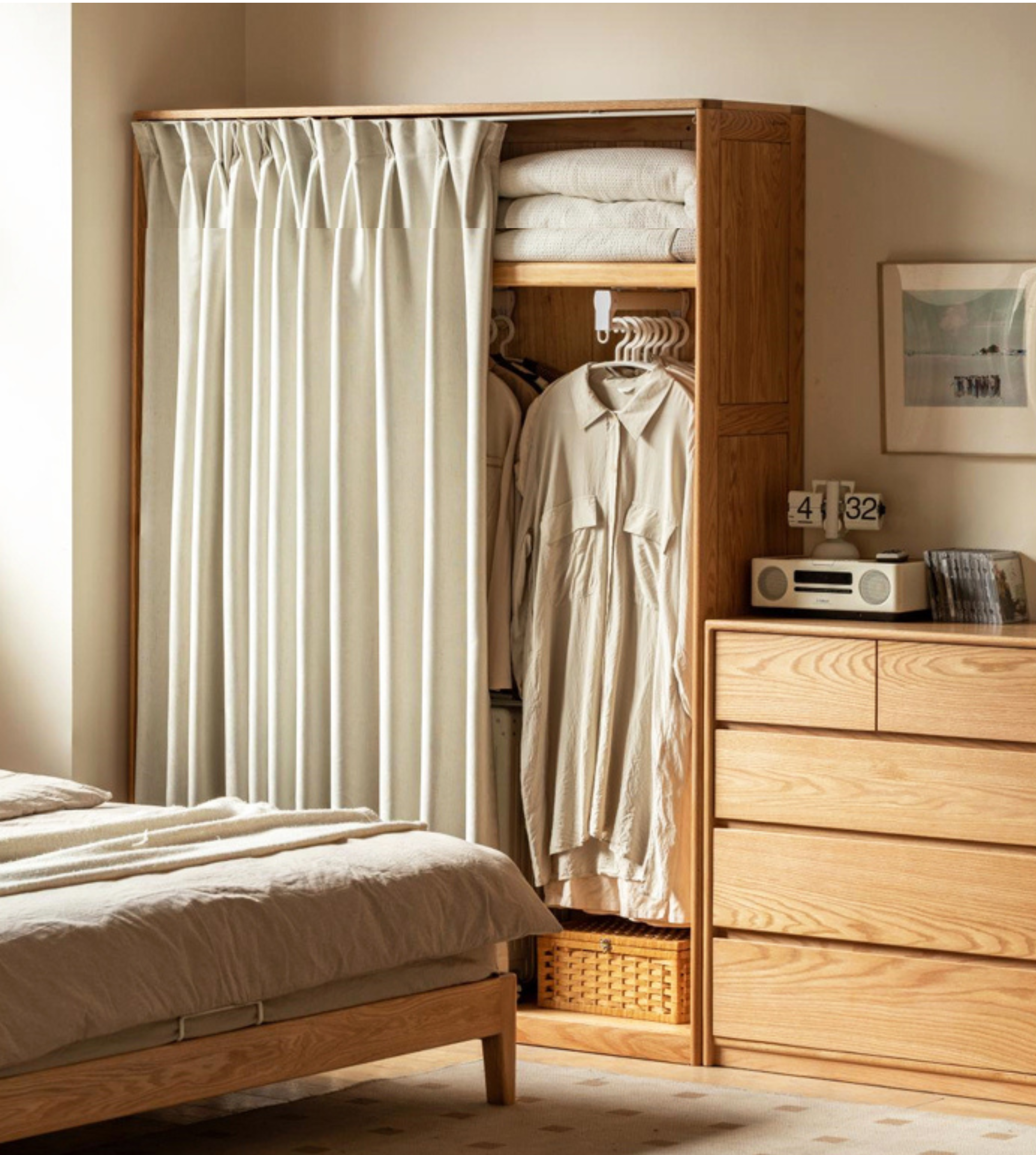 Solid Oak Wood Wardrobe with Thin Fabric Curtain - Stylish Closet Organizer for Bedroom, Living Room & Dorm Storage