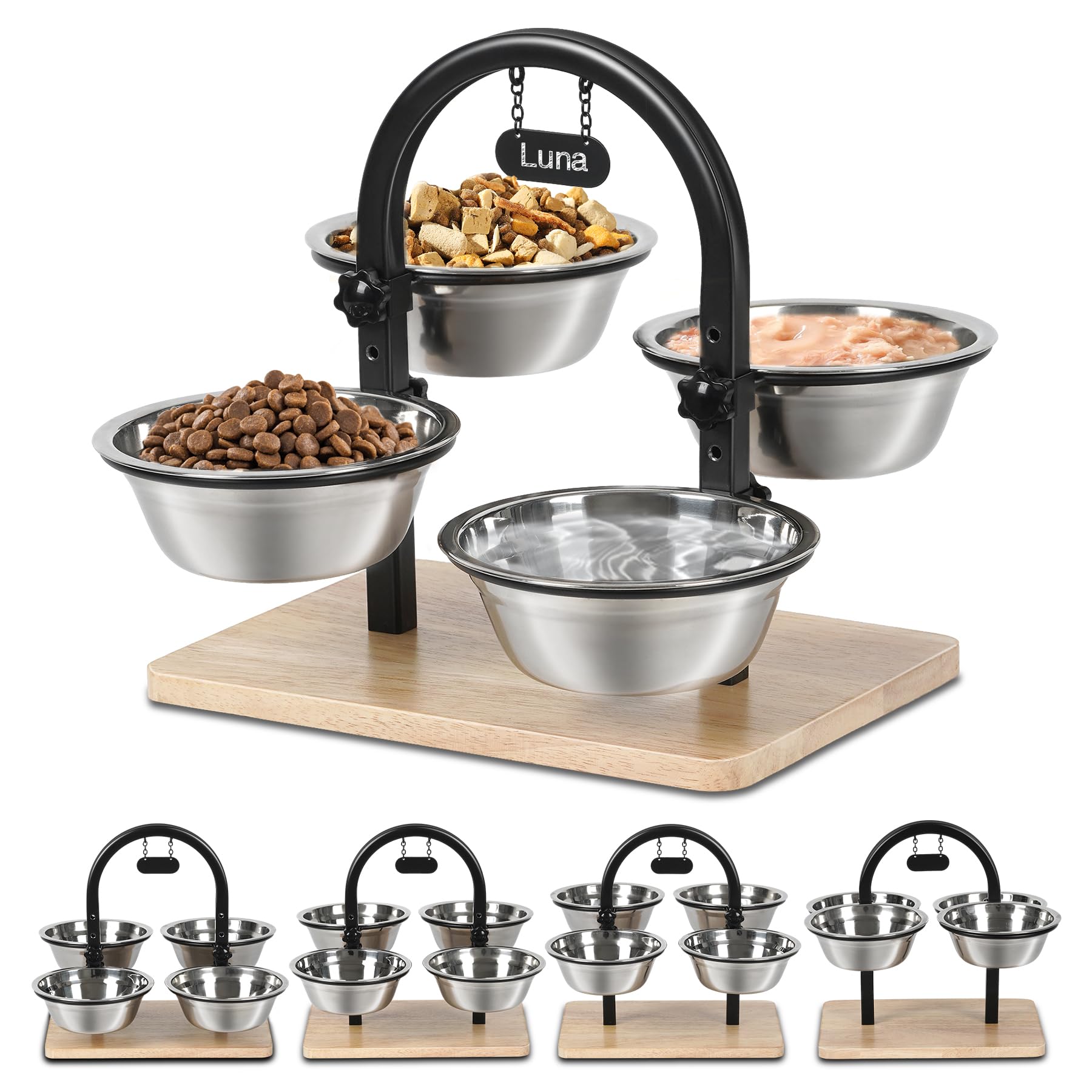 Handrong Elevated Cat Bowls with 4 Adjustable Heights - Raised Cat Food & Water Bowl Set with 5 Stainless Steel Dishes for Kittens, Puppies & Small Dogs - Perfect for Indoor Pets to Improve Digestion & Comfort