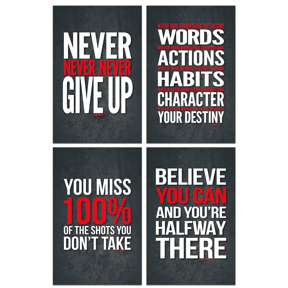 Lushleaf Designs - Motivational Quote Workout Gym Posters (11x17 Inches) - Inspirational Wall Art for Office, Classroom & Home Decor - Set of 4 Black Matte Finish Paper Posters - Perfect for Fitness Motivation & Workspace Inspiration