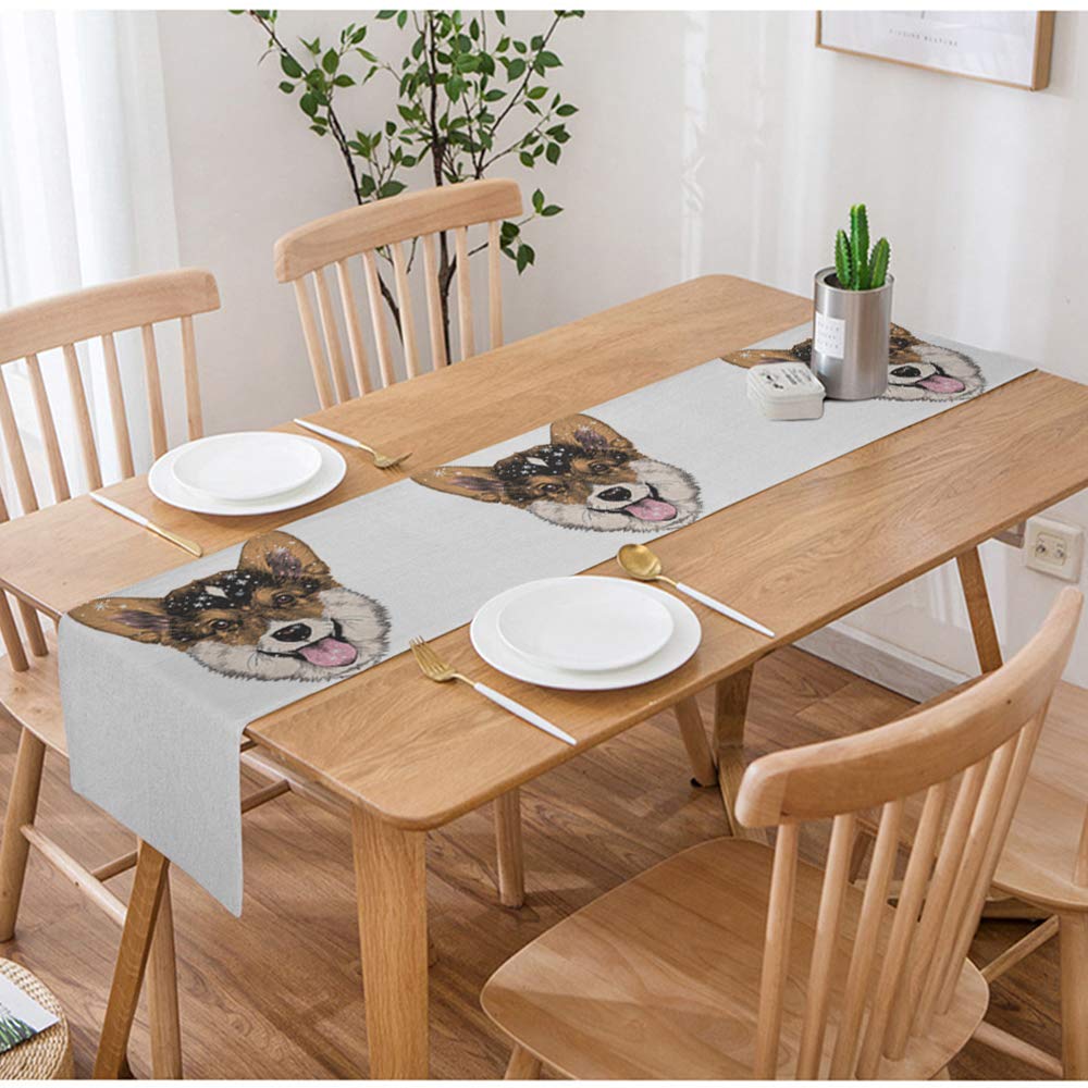 Swono Corgi Table Runner - Cute Welsh Corgi Dog Sketch Cotton Linen Tablecloth for Kitchen, Coffee Table, Dining Room - Non-Slip 14x72 Inches - Perfect for Home Decor, Parties & Holiday Dining