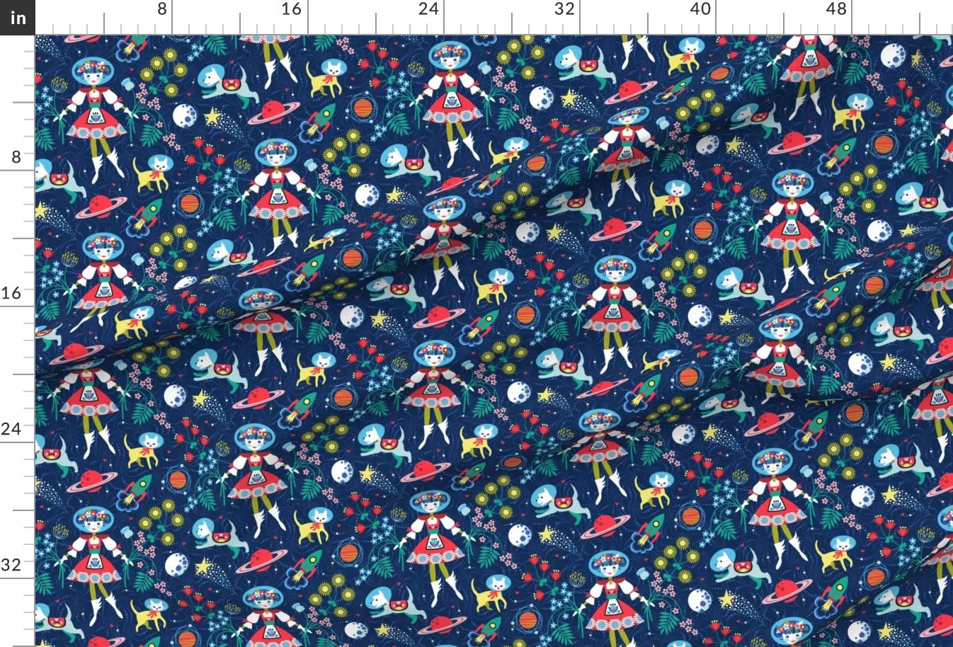 Folk Art Scandinavian Space Dogs Cat Planets Moon Print Velvet Upholstery Fabric by The Yard - Home Decor, Apparel & DIY Projects | Perfect for Curtains, Pillows, Sofas & Crafting