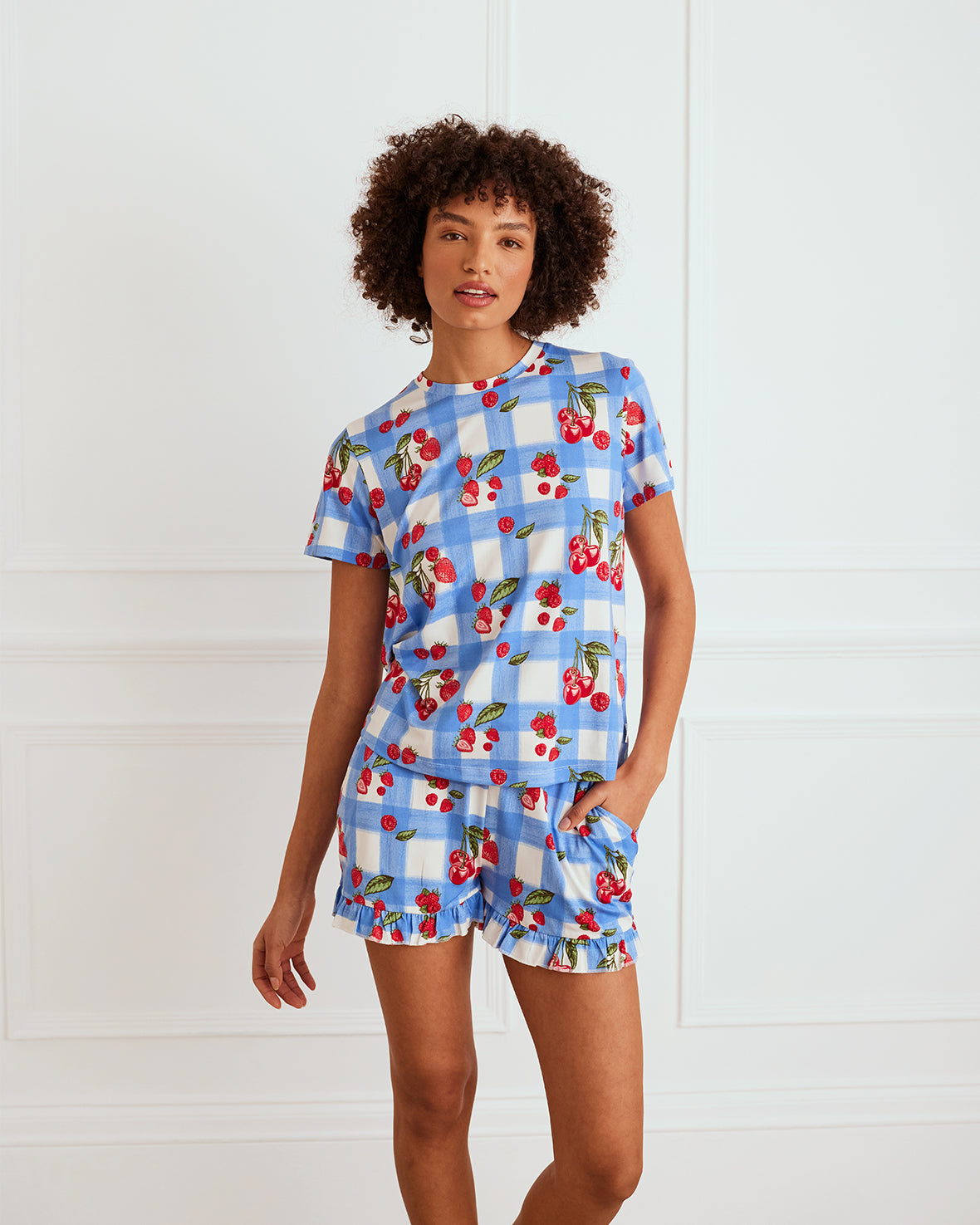 Berries & Gingham Print Frill Short Pajama Set - Cute Summer Sleepwear for Women, Girls - Perfect for Sleepovers, Vacation & Lounge Wear